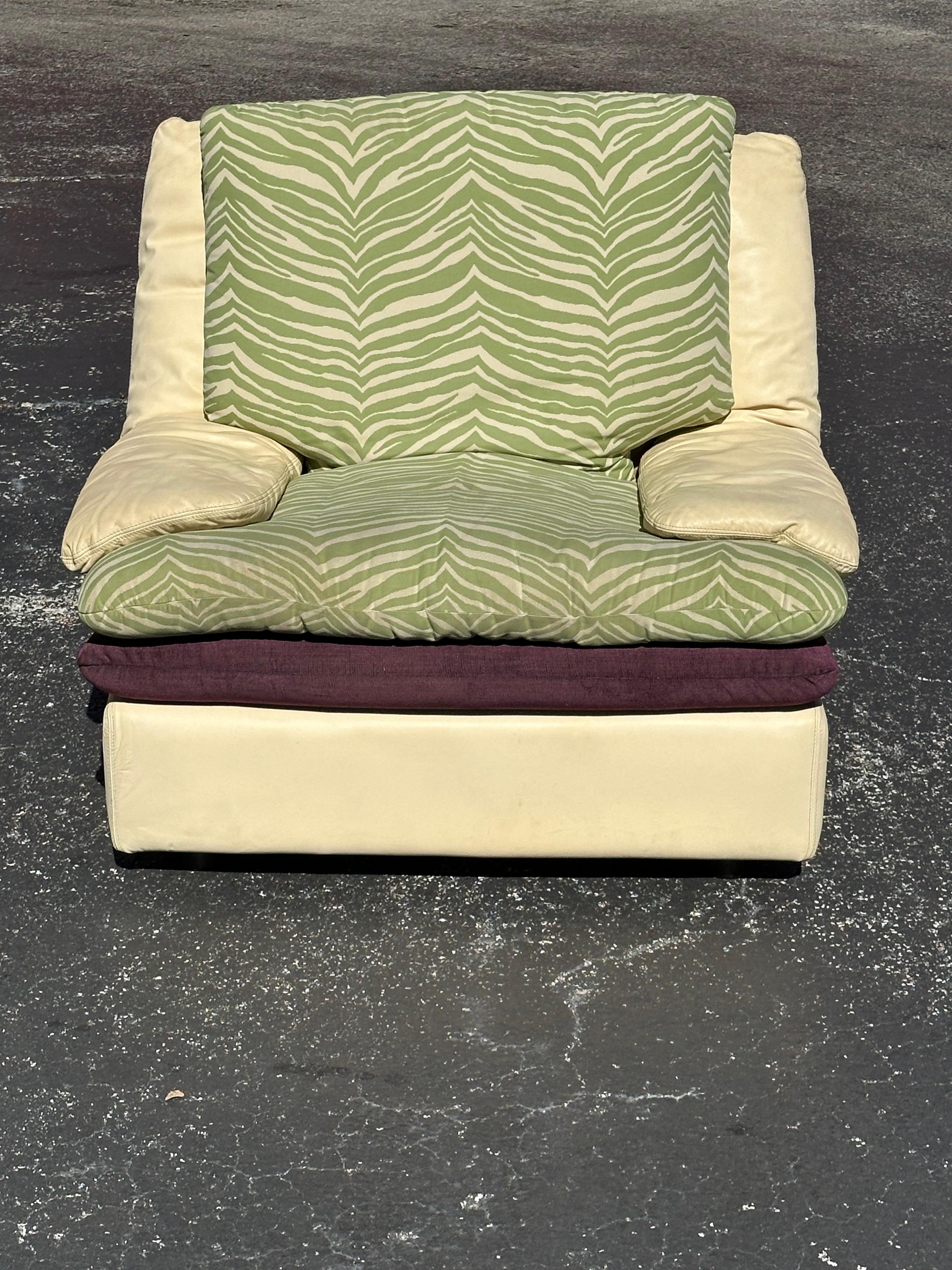 Post Modern Roche Bobois Beige Leather Purple Green Zebra Sofa and Chairs For Sale 2