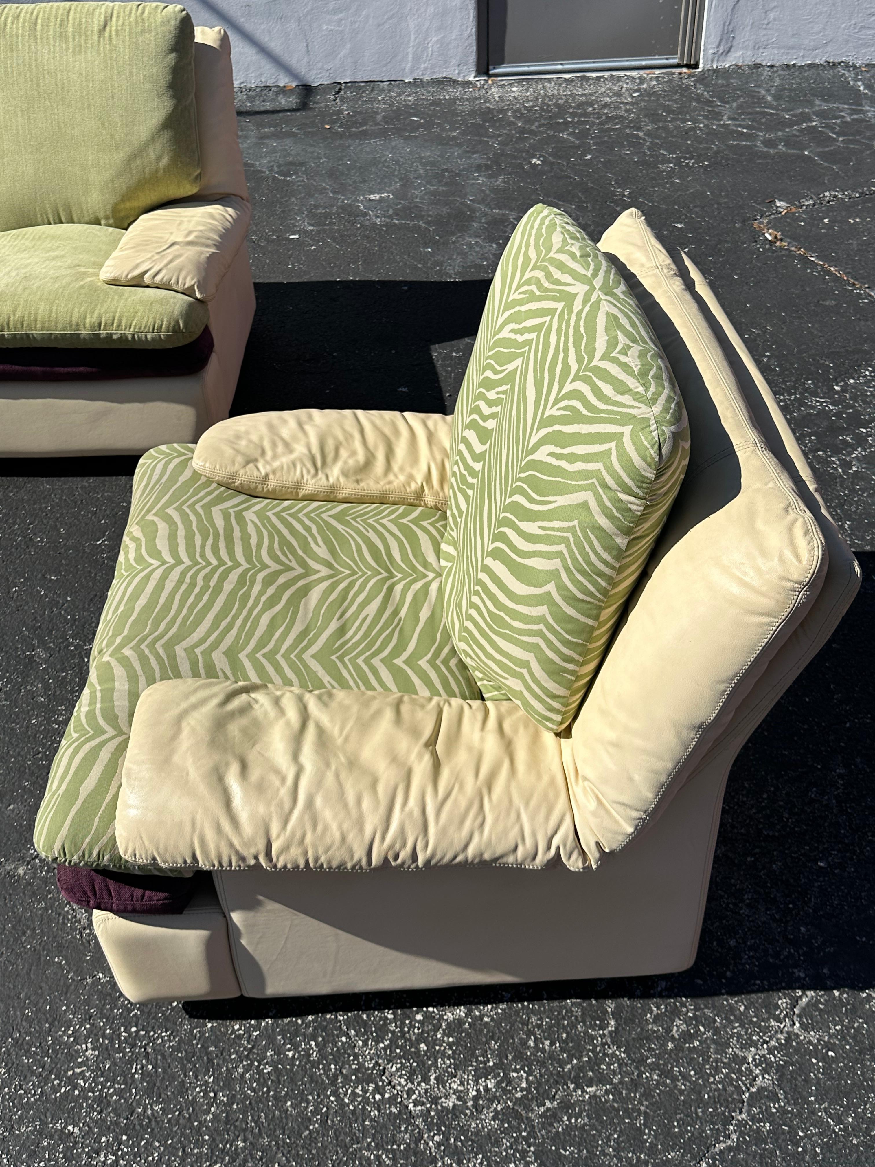 Post Modern Roche Bobois Beige Leather Purple Green Zebra Sofa and Chairs For Sale 3