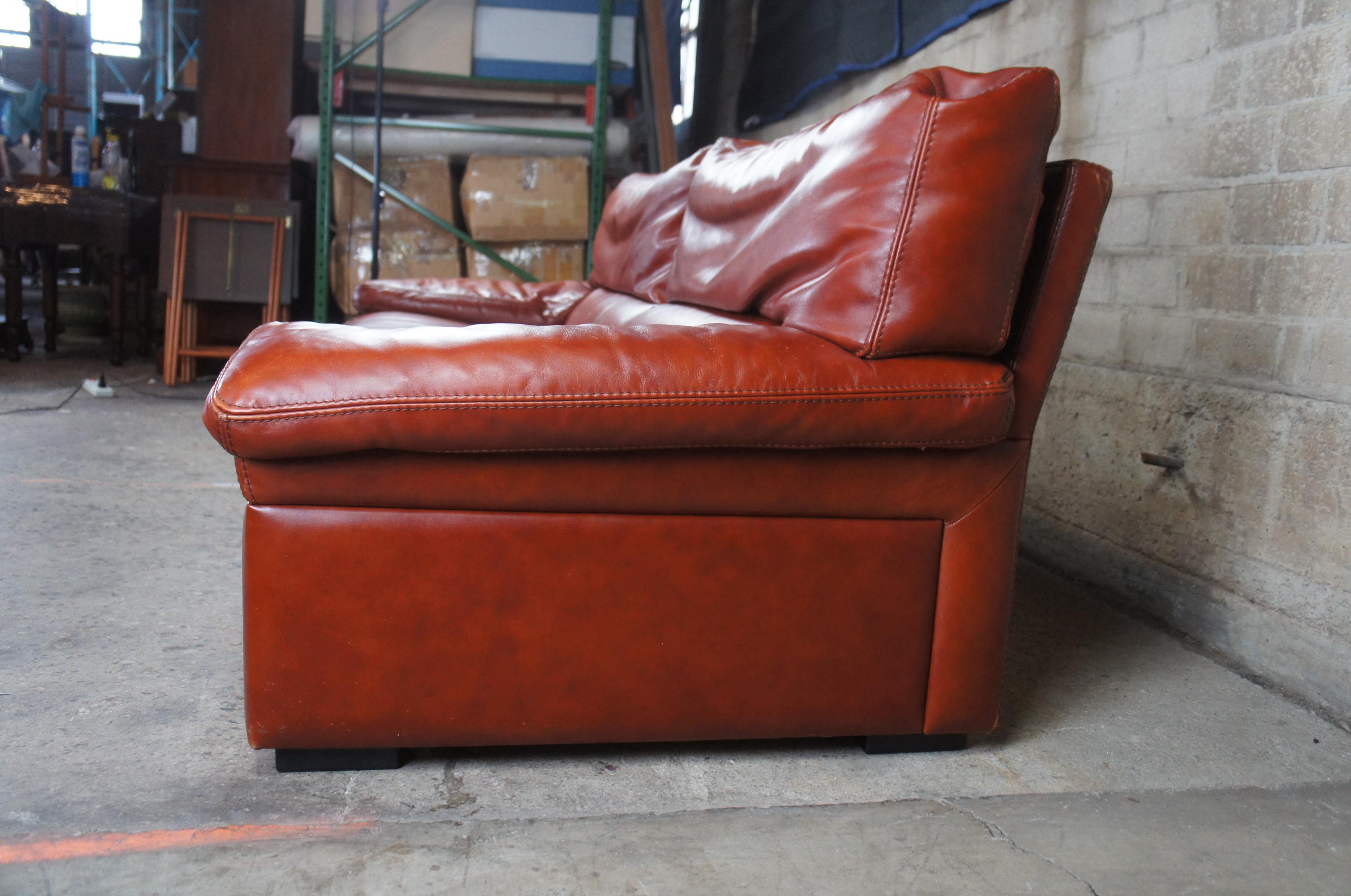 Mid-Century Modern 1980s Roche Bobois Modern Burnt Orange Leather Lounge Sofa Couch MCM