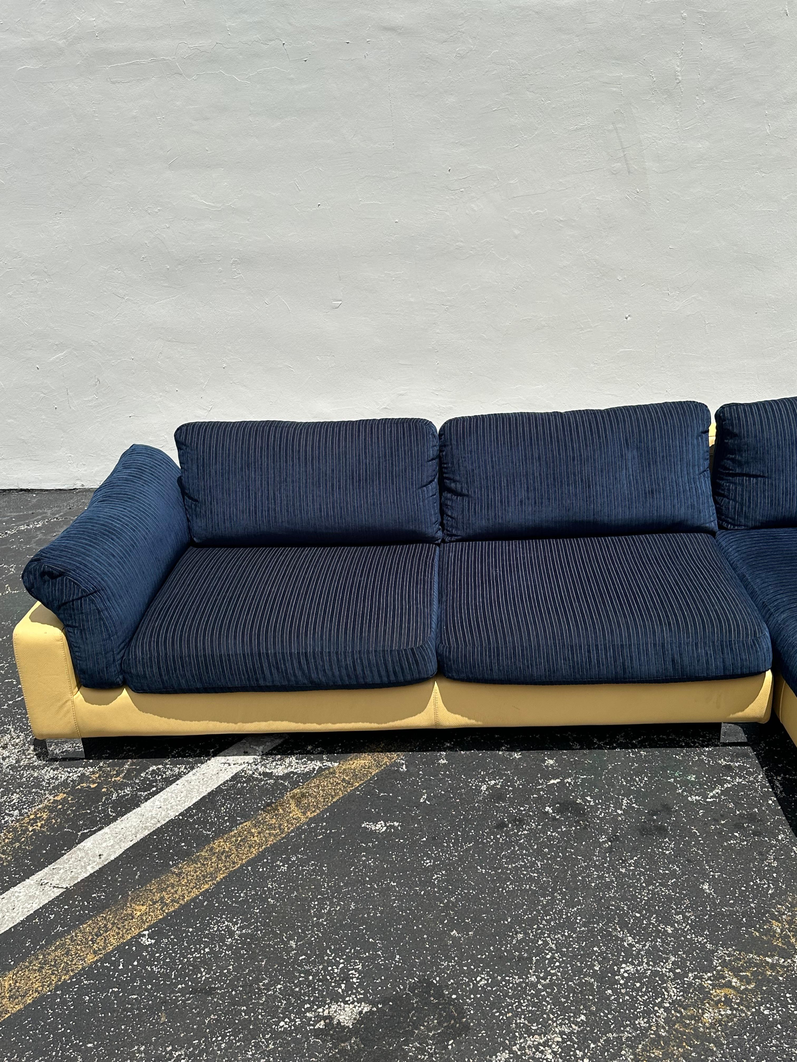 1980s Roche Bobois Yellow Leather Down Navy Blue Sectional Sofa For Sale 4