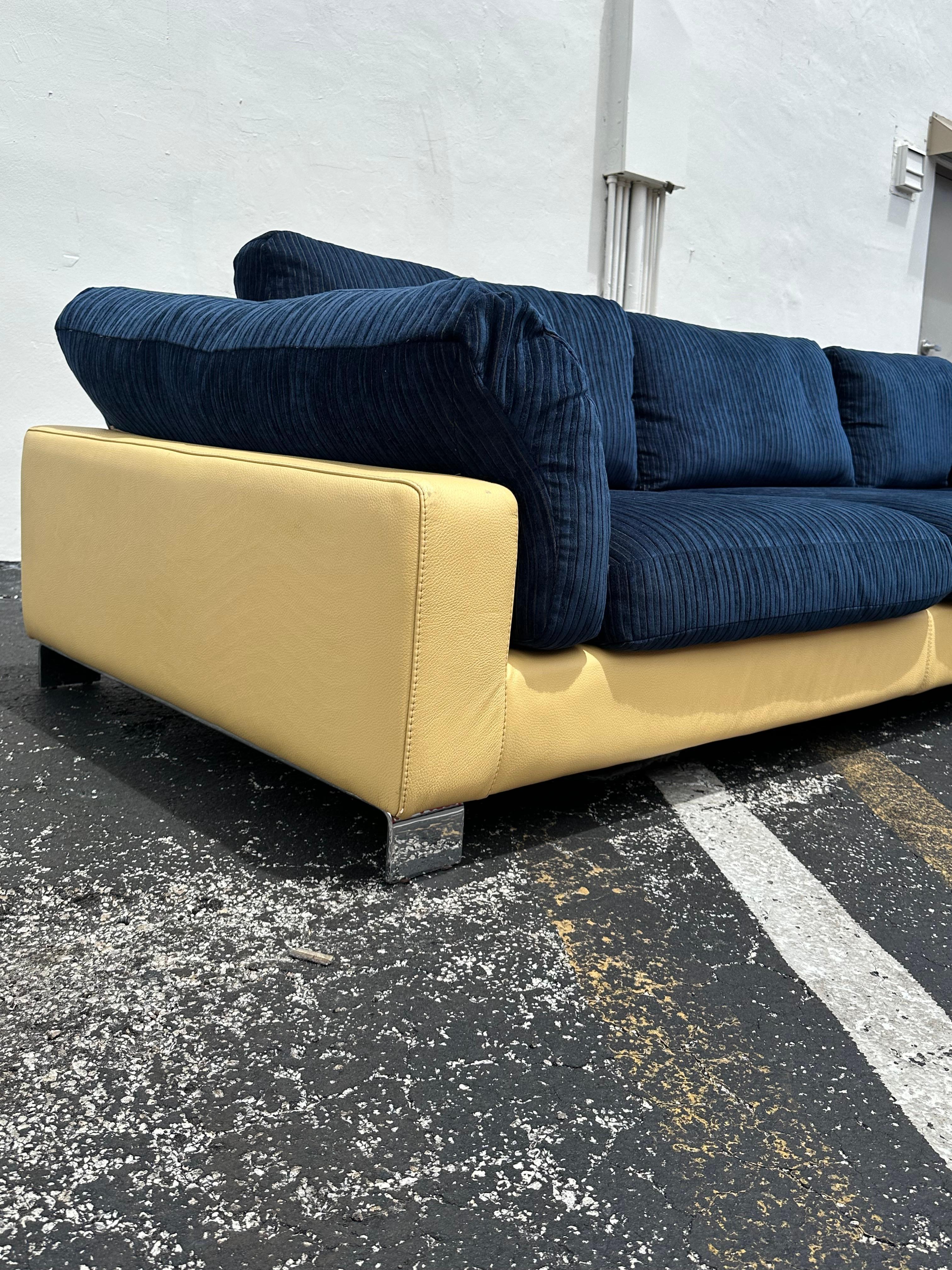 1980s Roche Bobois Yellow Leather Down Navy Blue Sectional Sofa For Sale 5