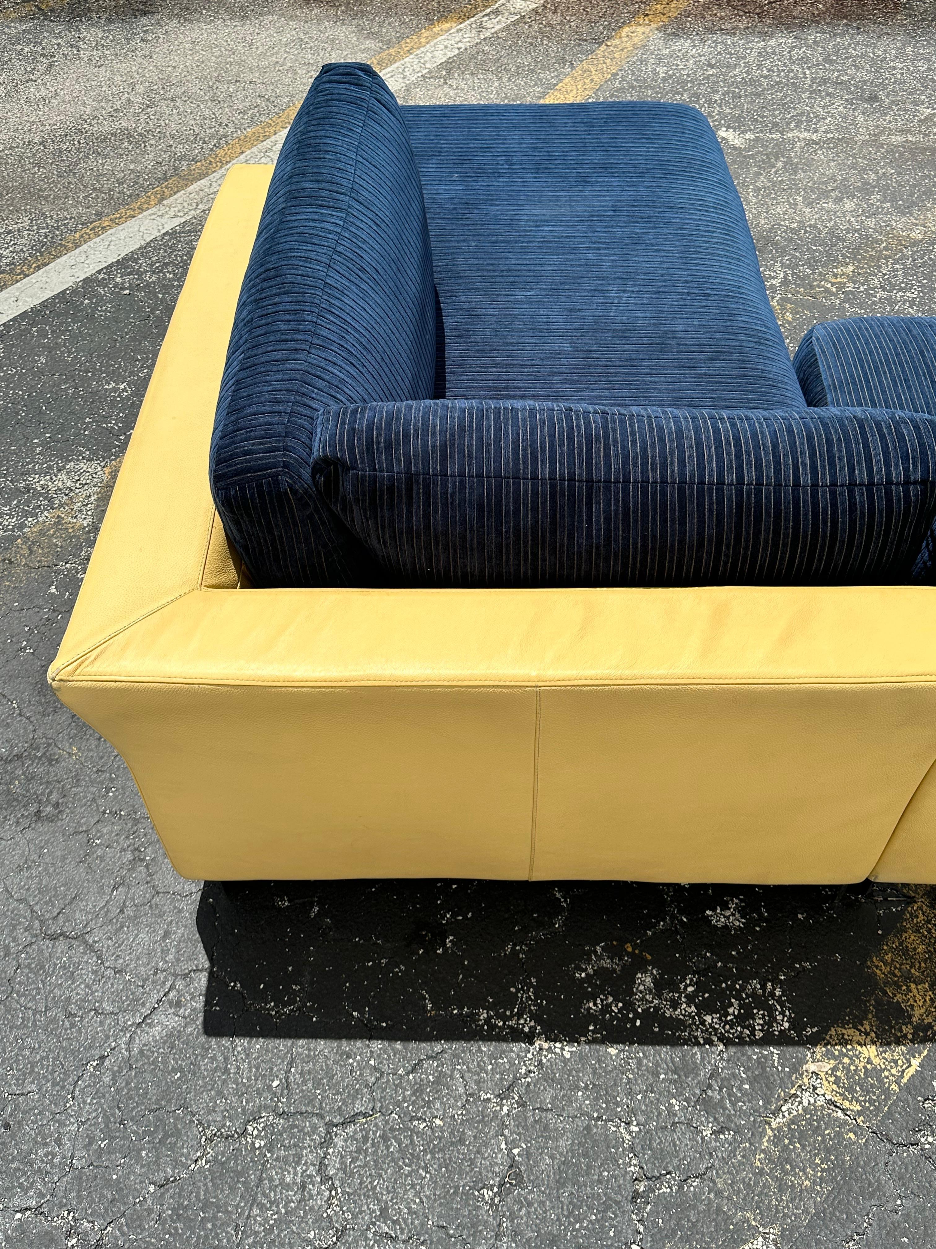 1980s Roche Bobois Yellow Leather Down Navy Blue Sectional Sofa For Sale 6