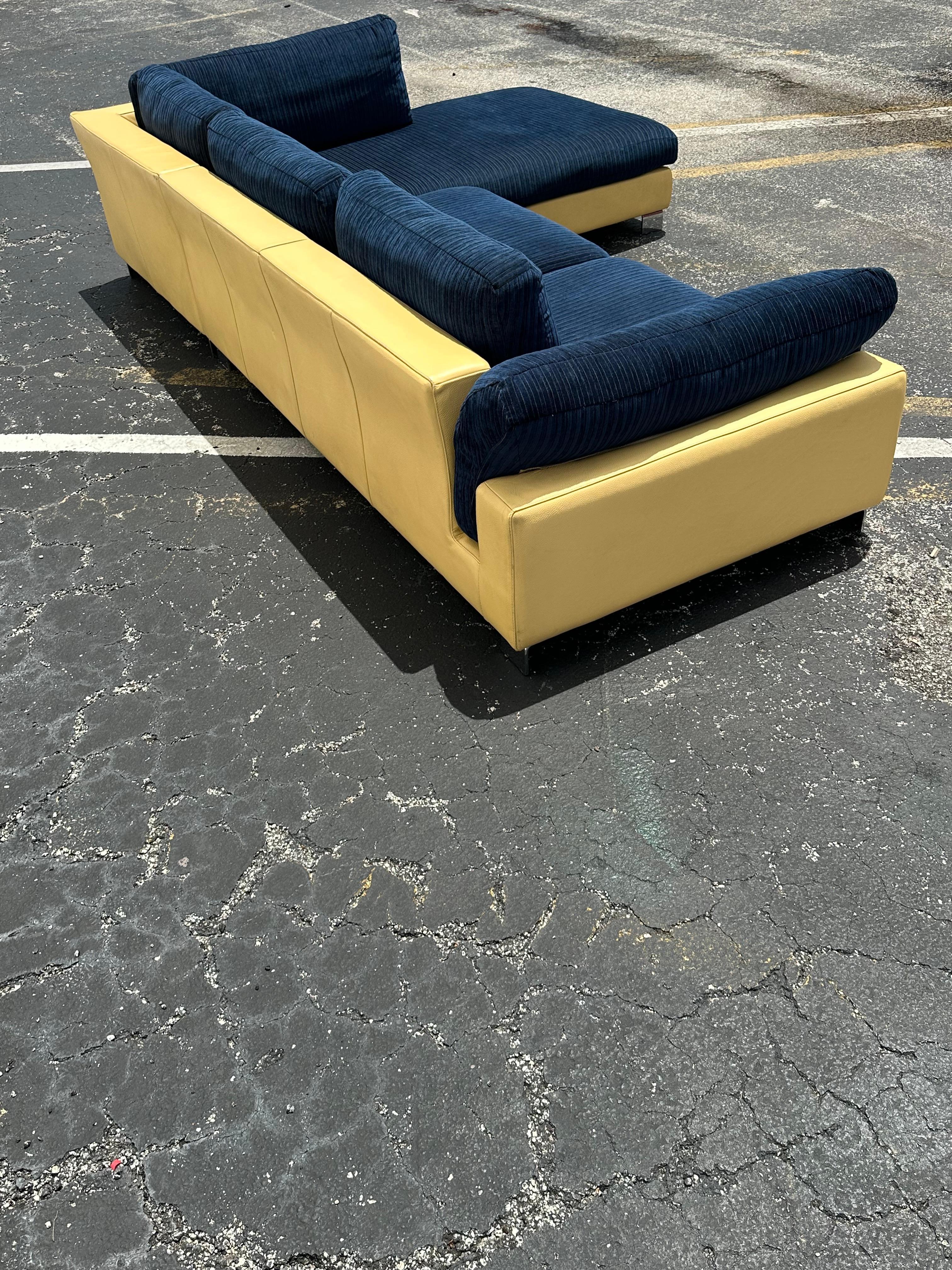 1980s Roche Bobois Yellow Leather Down Navy Blue Sectional Sofa For Sale 7