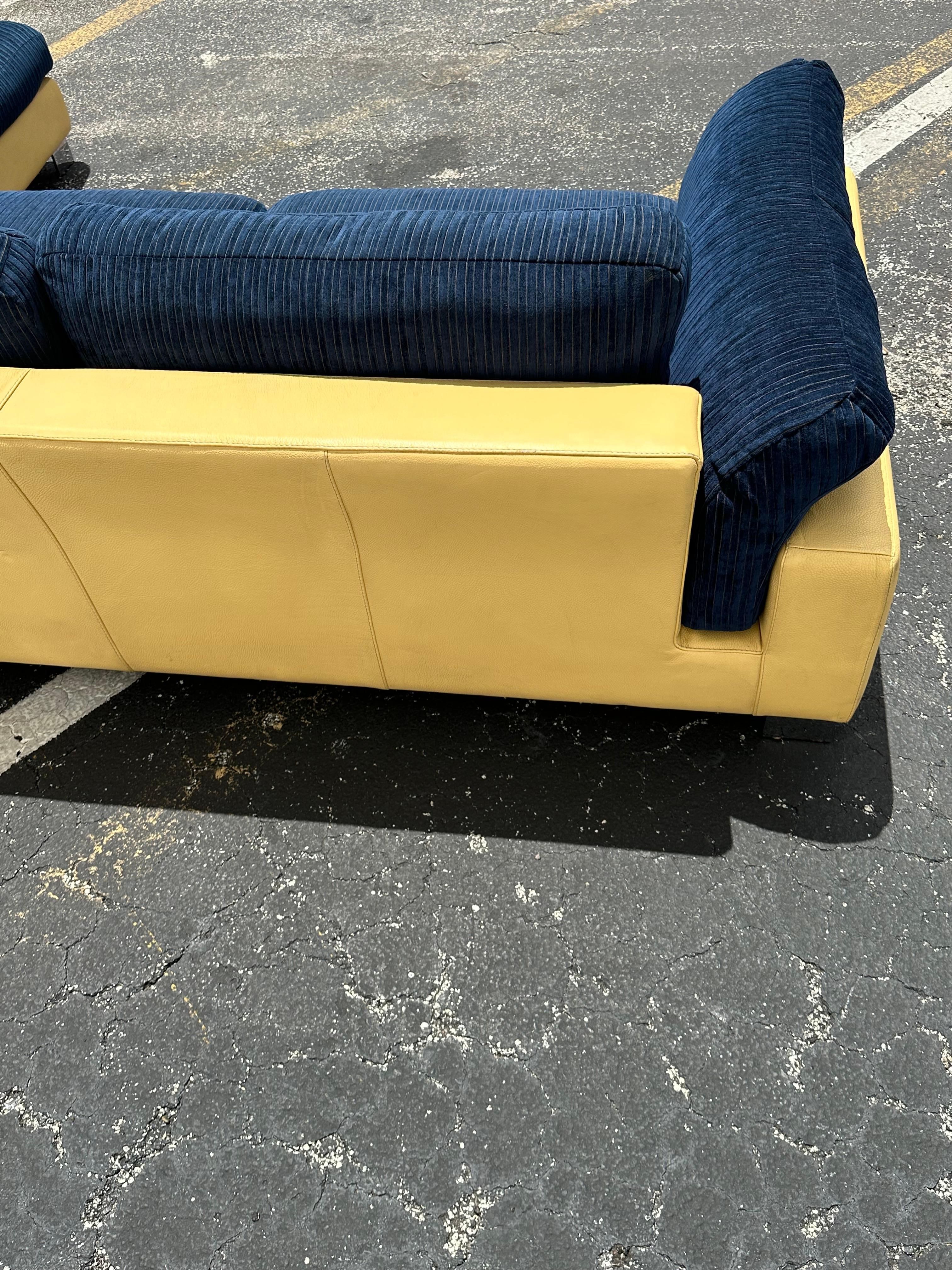 1980s Roche Bobois Yellow Leather Down Navy Blue Sectional Sofa For Sale 8