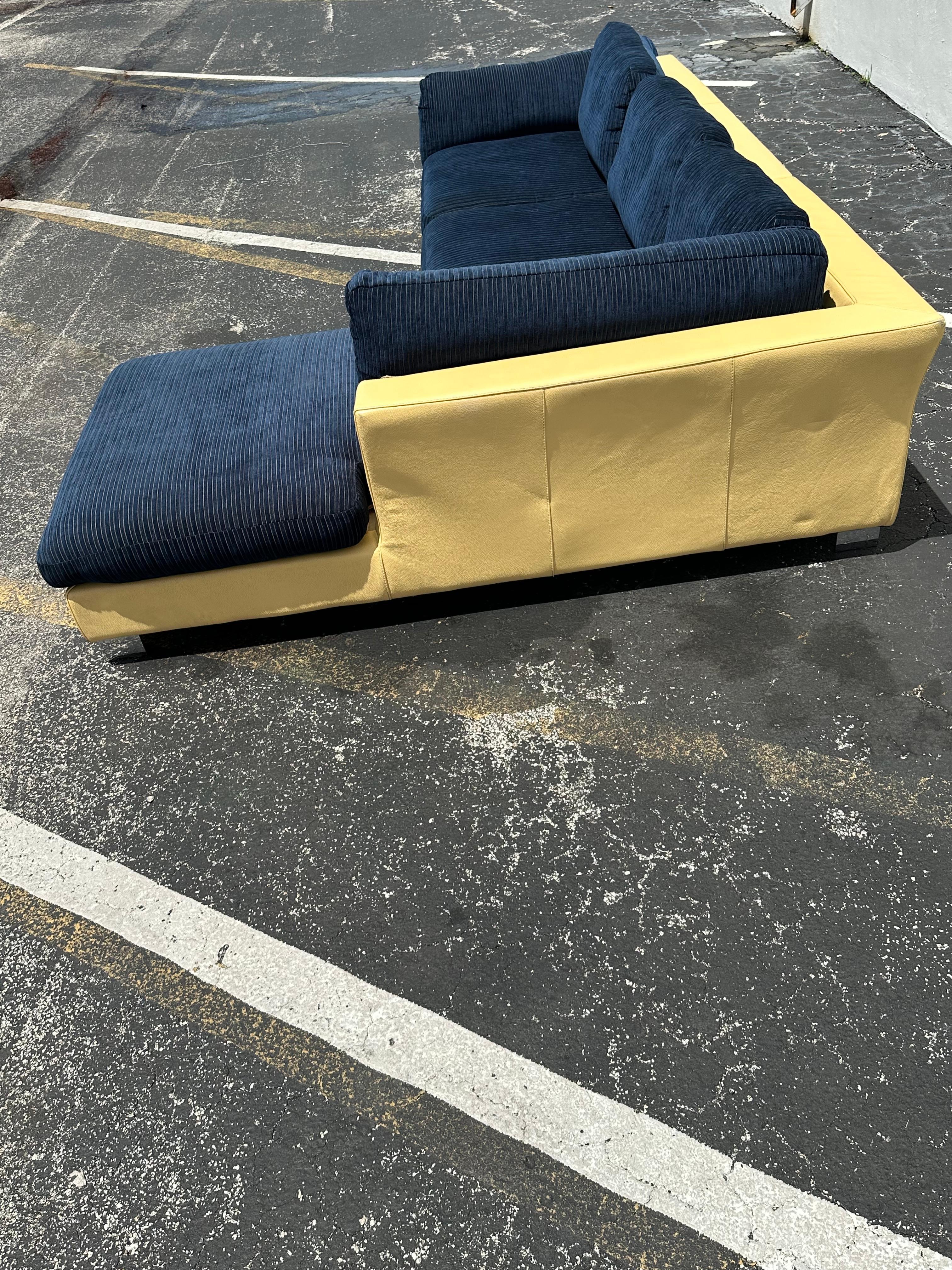 1980s Roche Bobois Yellow Leather Down Navy Blue Sectional Sofa For Sale 10