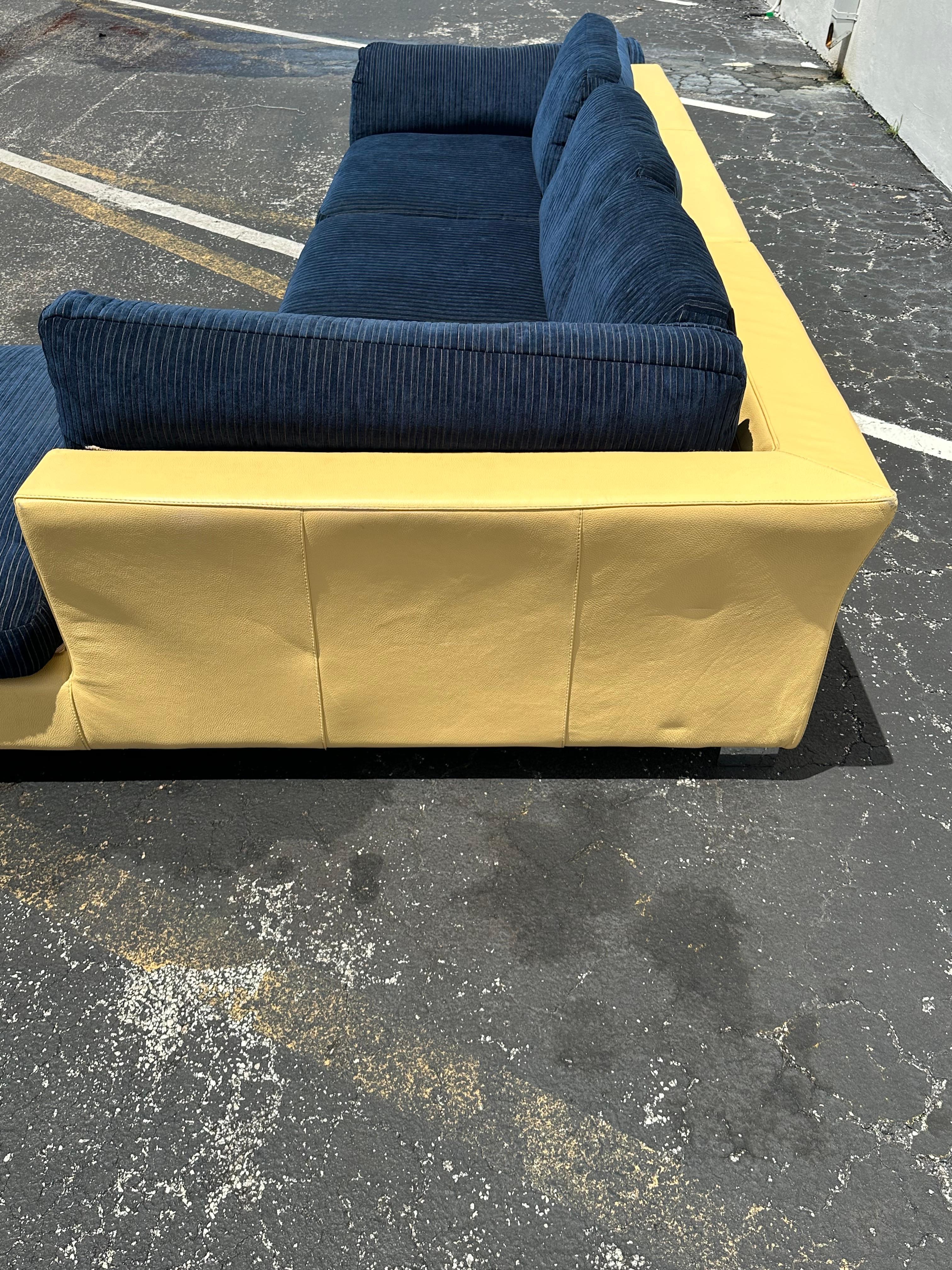 1980s Roche Bobois Yellow Leather Down Navy Blue Sectional Sofa For Sale 11