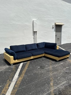 1980s Roche Bobois Yellow Leather Down Navy Blue Sectional Sofa