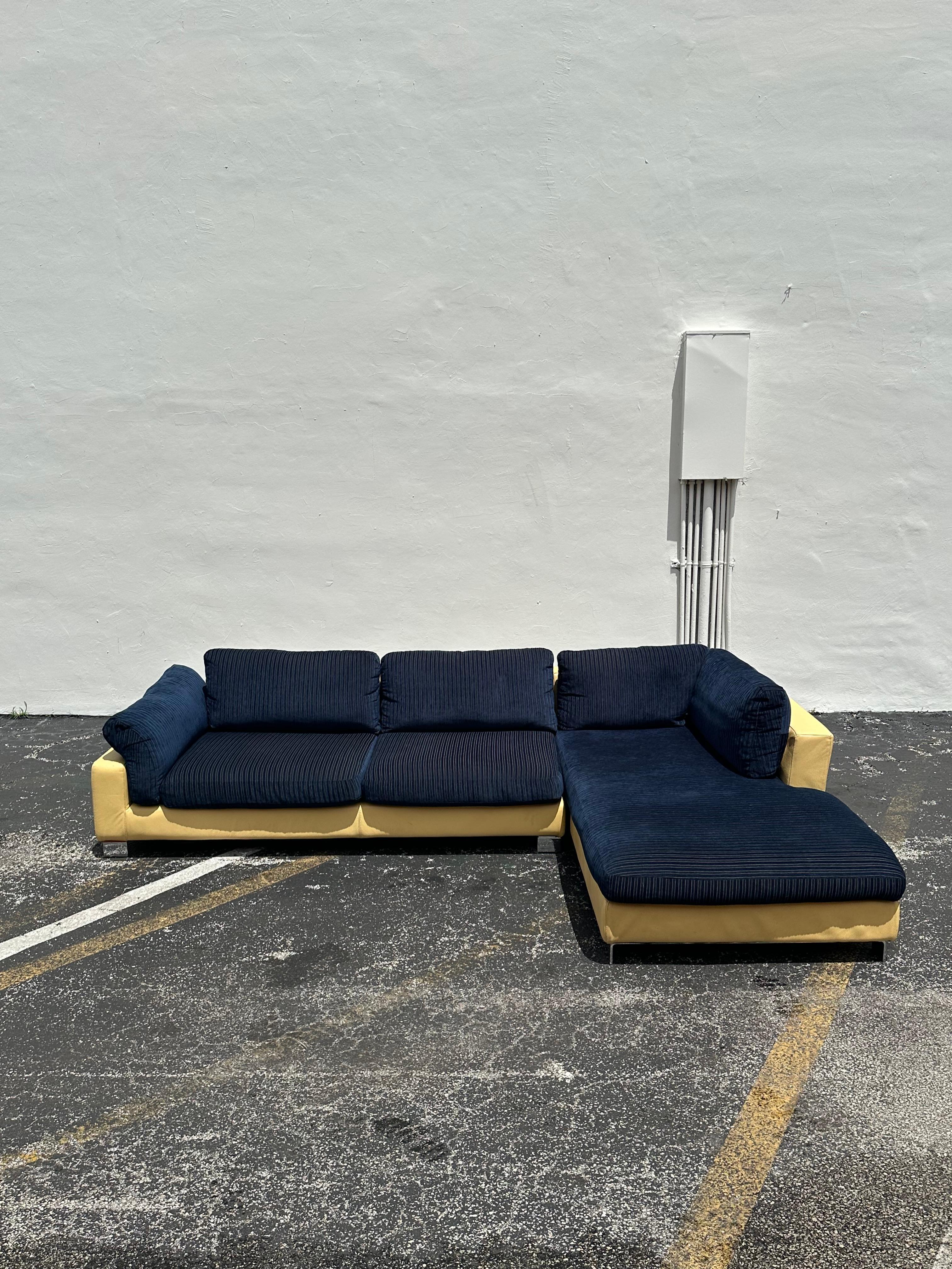 Post-Modern 1980s Roche Bobois Yellow Leather Down Navy Blue Sectional Sofa For Sale