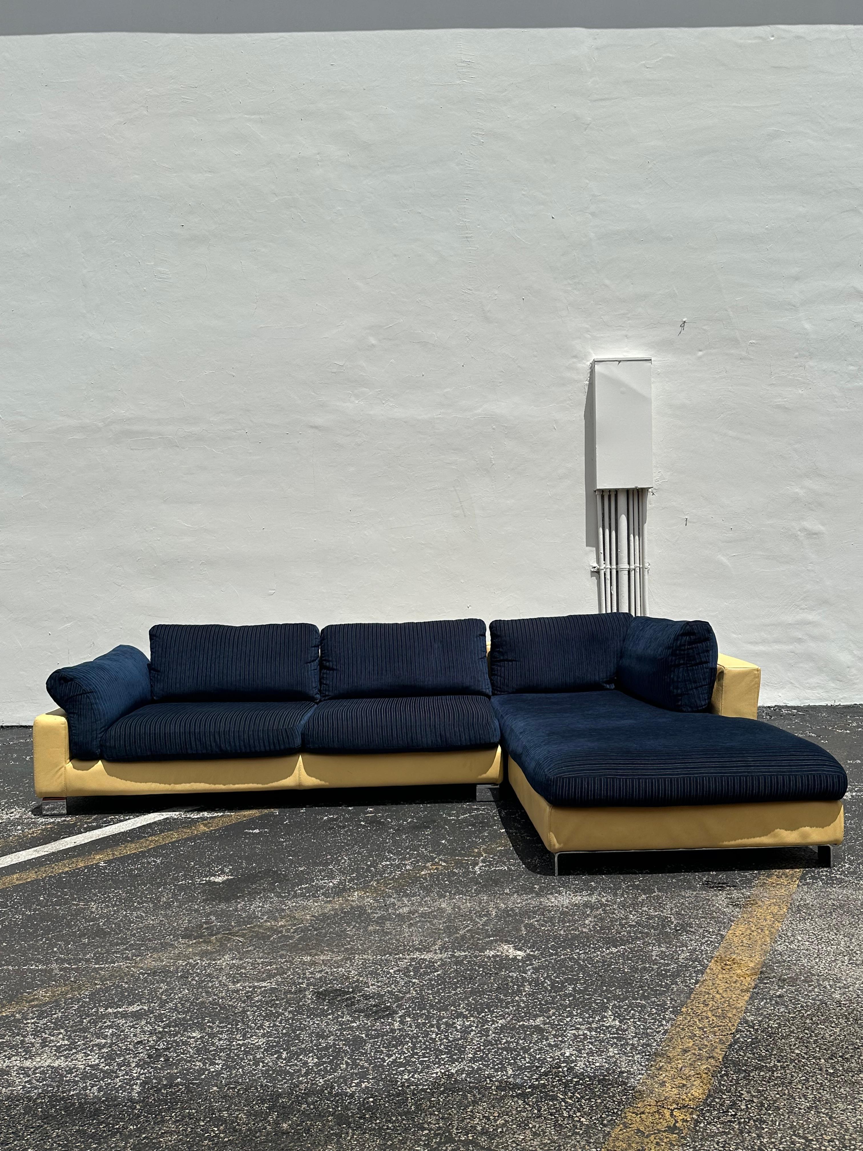 European 1980s Roche Bobois Yellow Leather Down Navy Blue Sectional Sofa For Sale