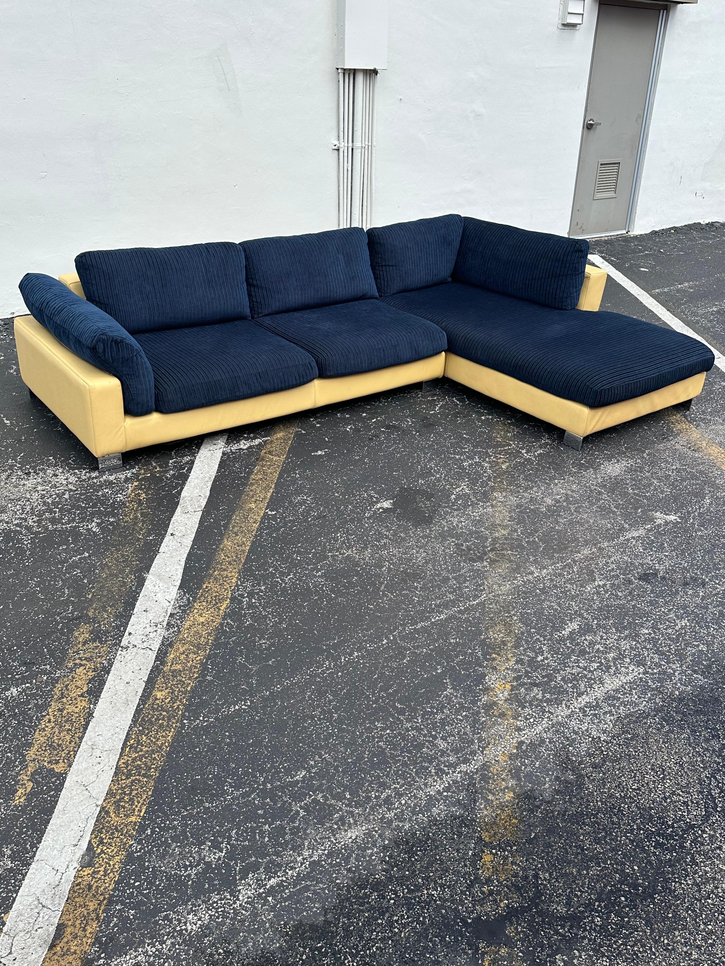 1980s Roche Bobois Yellow Leather Down Navy Blue Sectional Sofa In Good Condition For Sale In Fort Lauderdale, FL