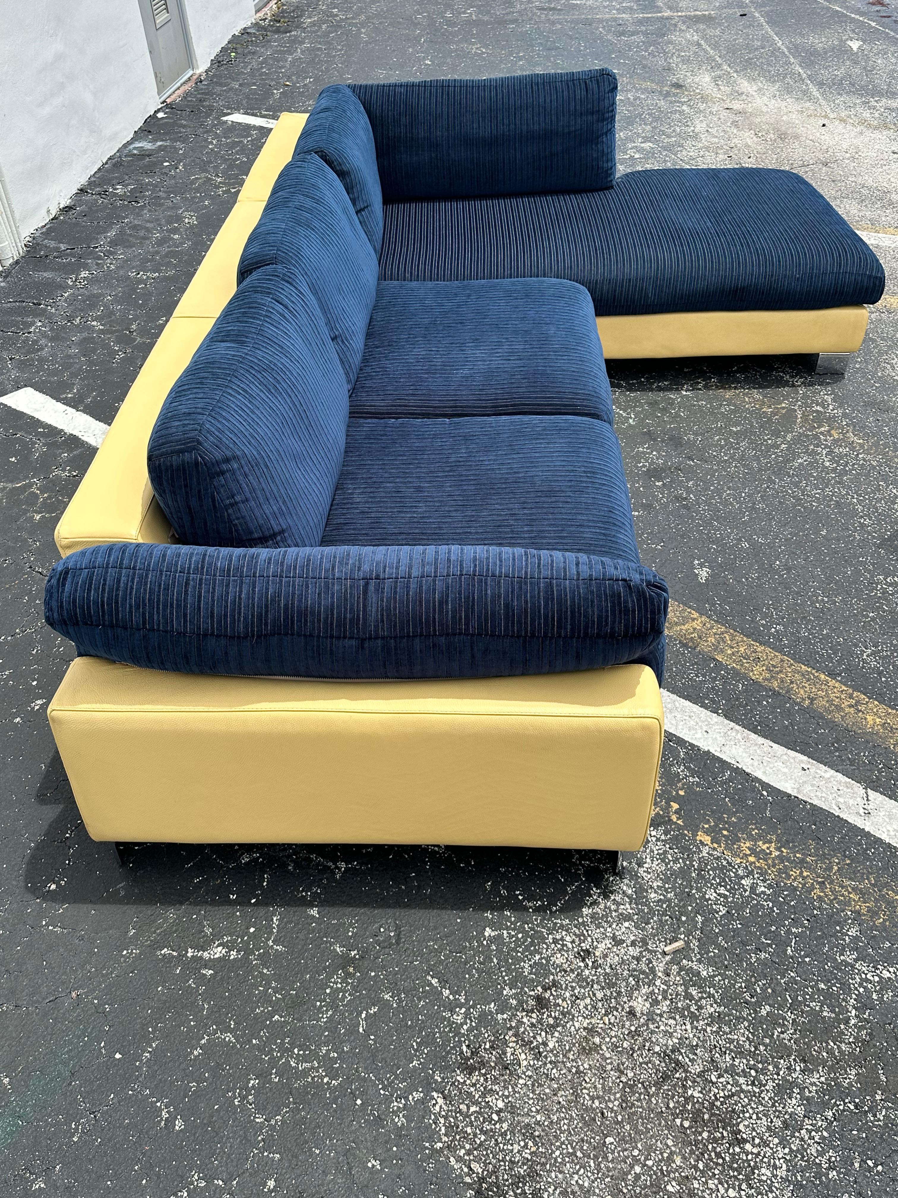 Late 20th Century 1980s Roche Bobois Yellow Leather Down Navy Blue Sectional Sofa For Sale