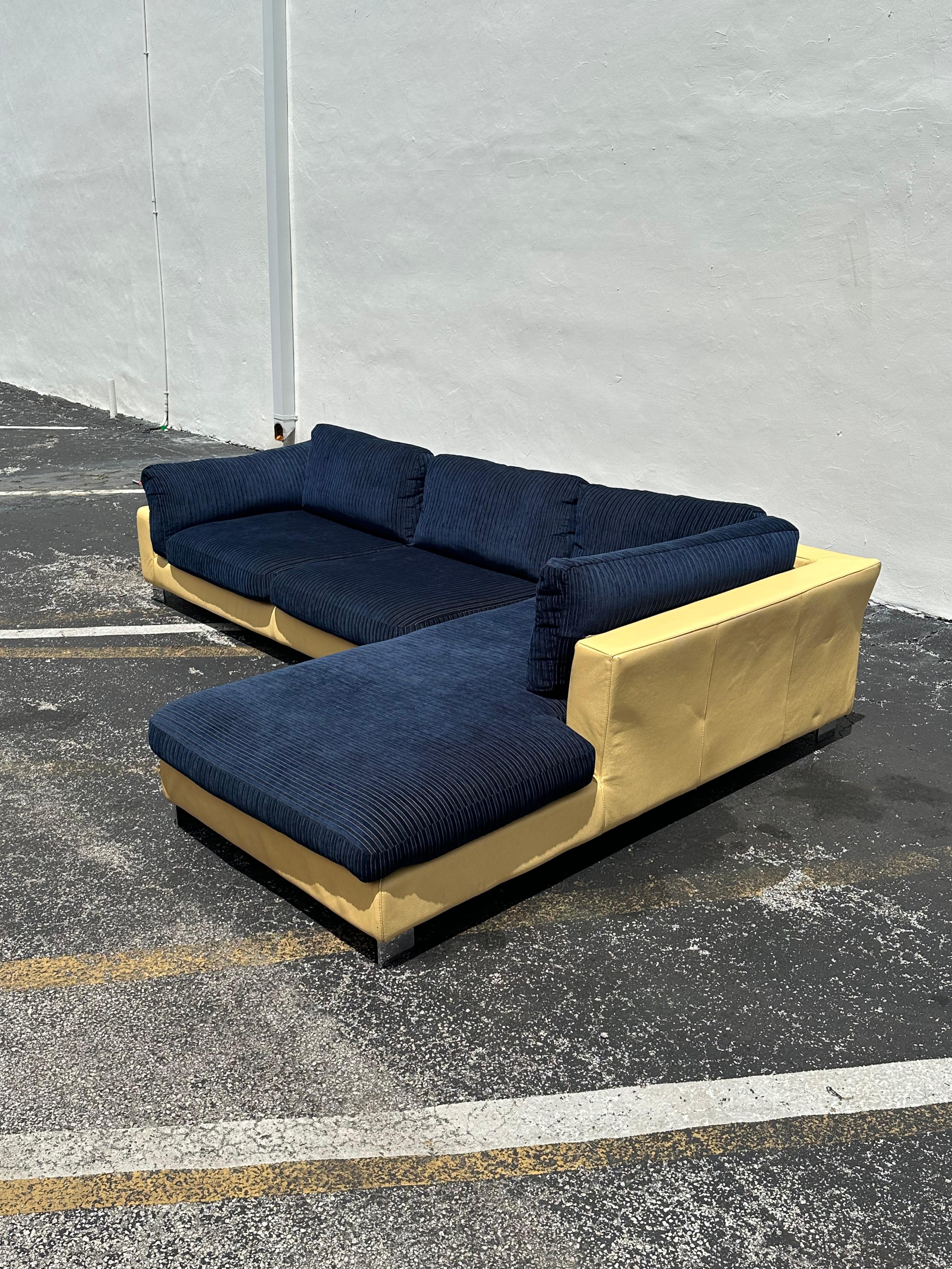 1980s Roche Bobois Yellow Leather Down Navy Blue Sectional Sofa For Sale 1
