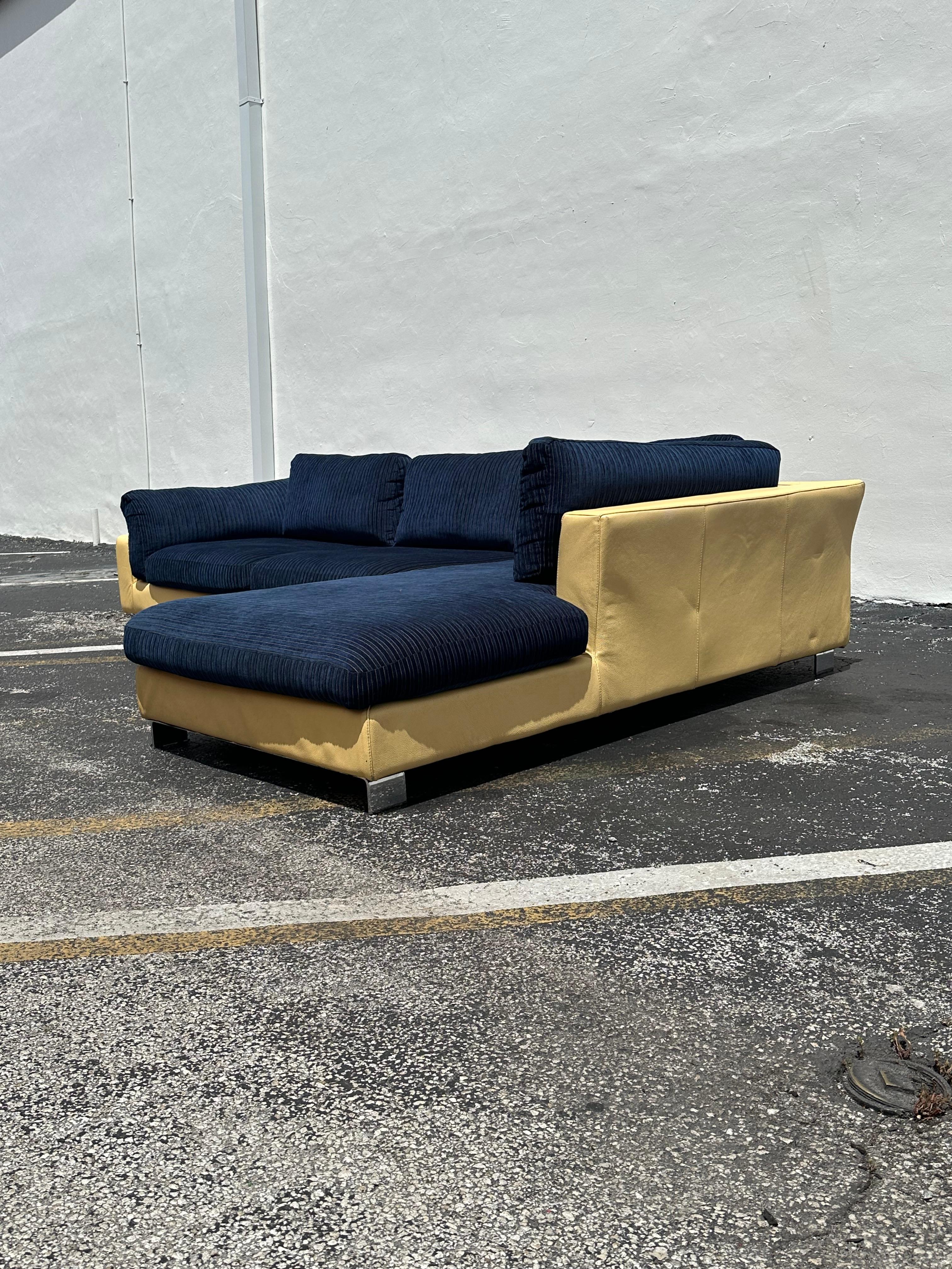 1980s Roche Bobois Yellow Leather Down Navy Blue Sectional Sofa For Sale 2