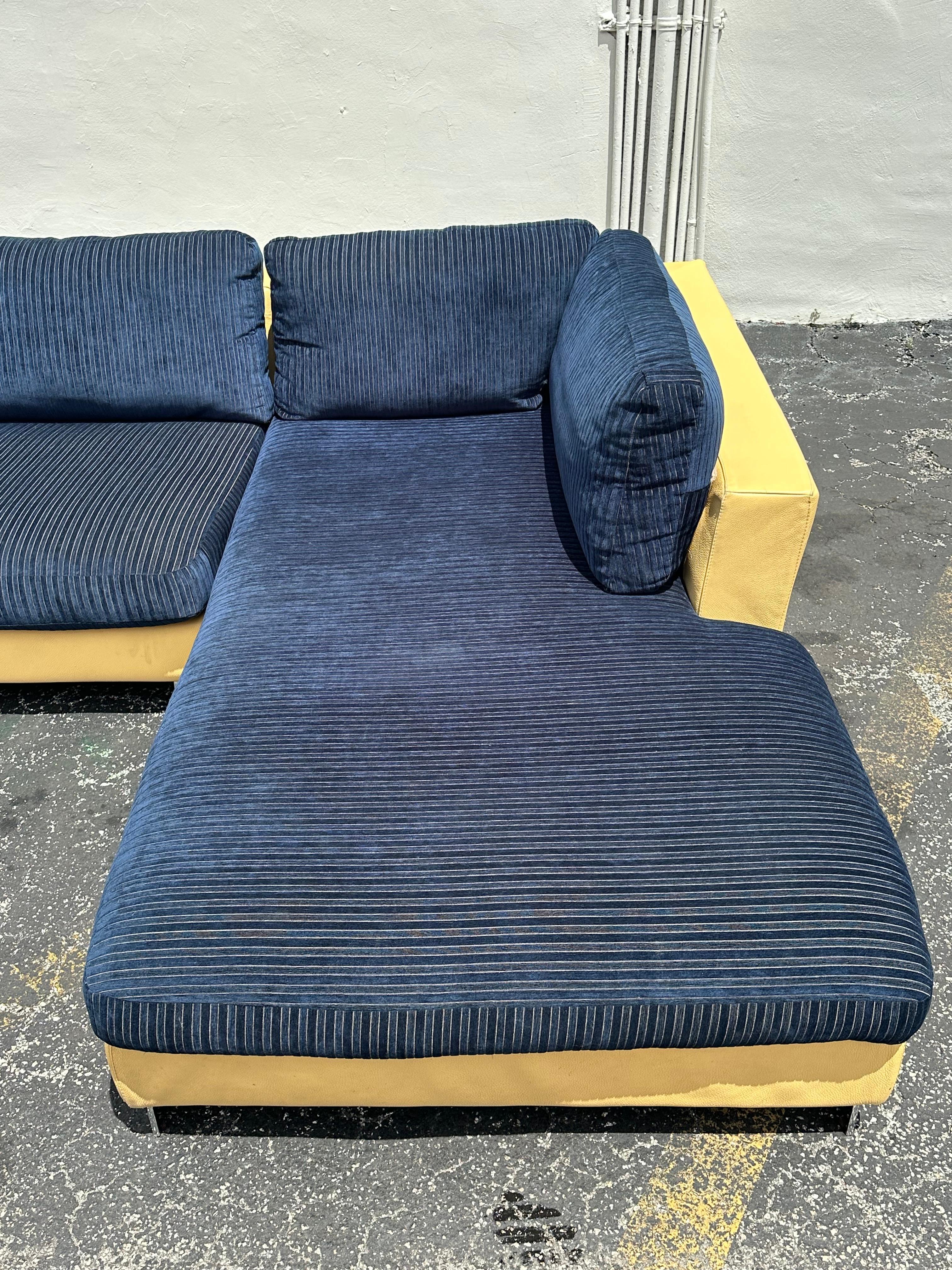 1980s Roche Bobois Yellow Leather Down Navy Blue Sectional Sofa For Sale 3