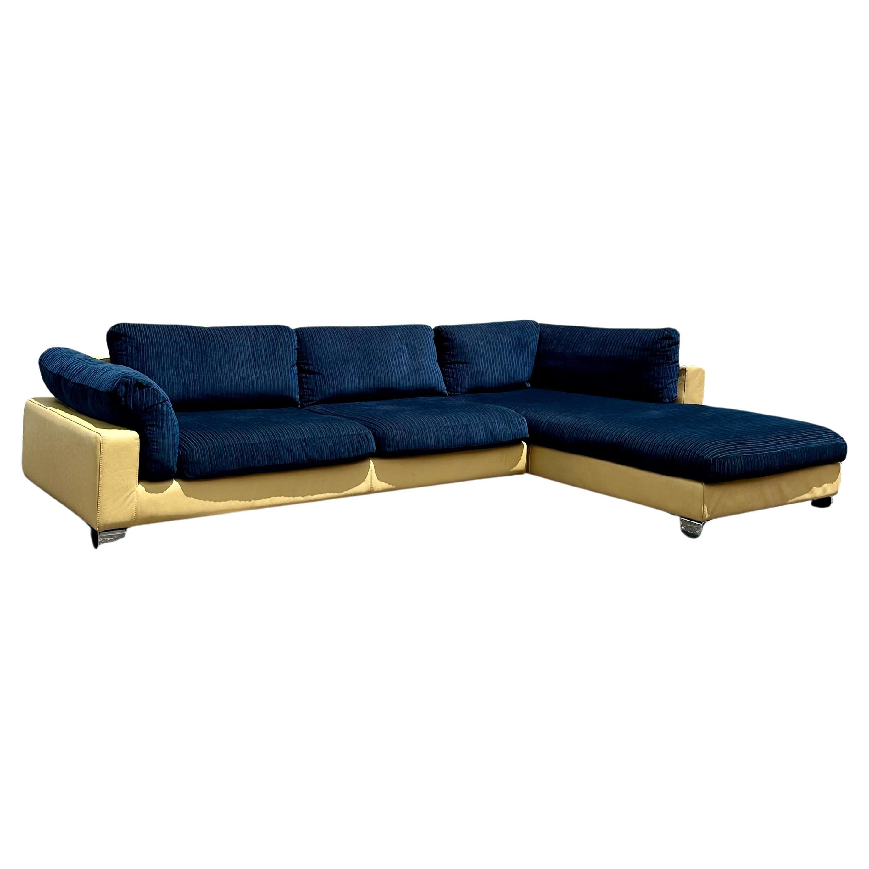 1980s Roche Bobois Yellow Leather Down Navy Blue Sectional Sofa