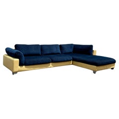 1980s Roche Bobois Yellow Leather Down Navy Blue Sectional Sofa