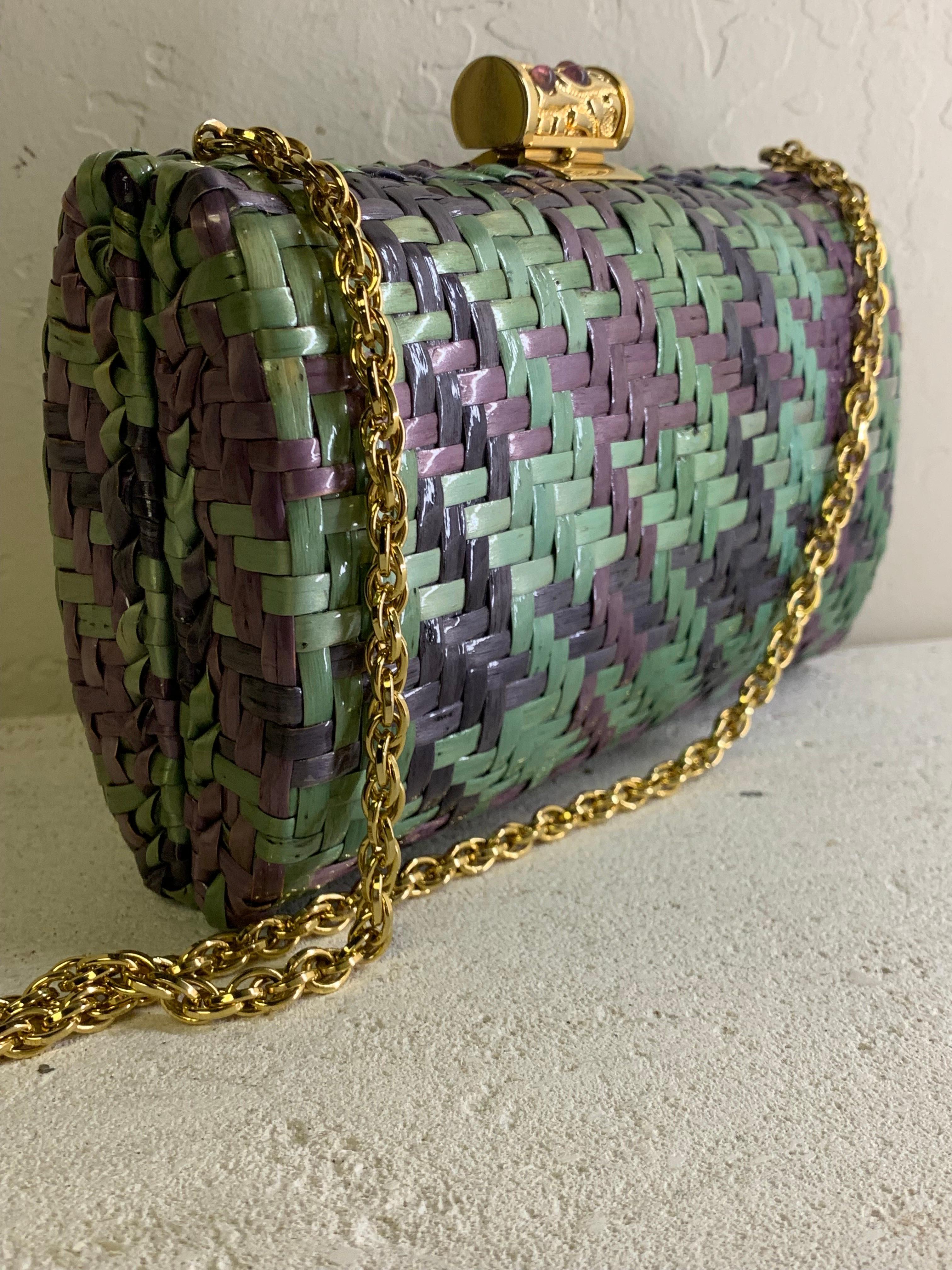 1980s Rodo Lavender Purple Mint & Pistachio Plaid Straw Convertible Clutch For Sale 3