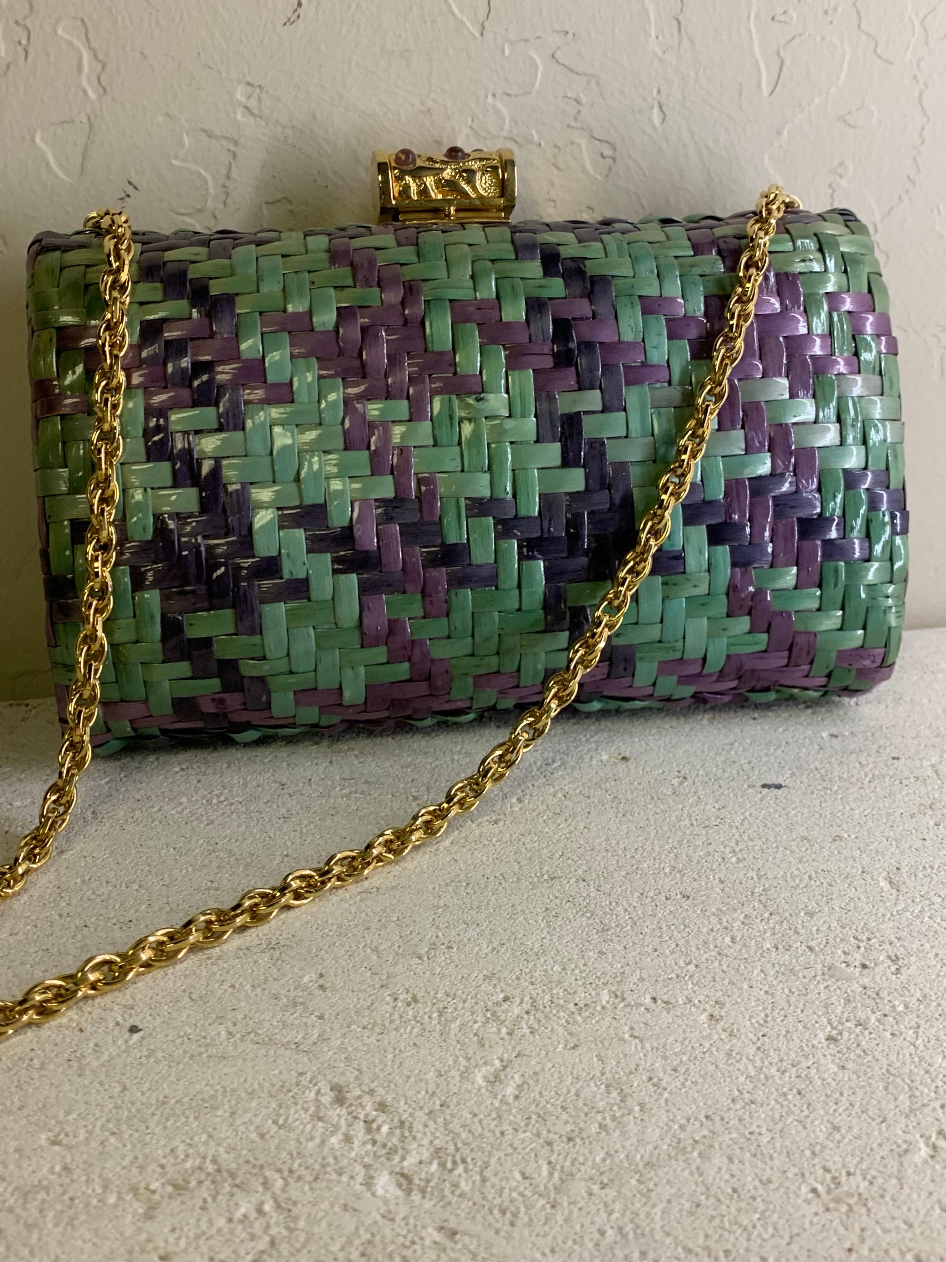 1980s Rodo Lavanda Púrpura Menta y Pistacho Plaid Paja Convertible Clutch en venta 5