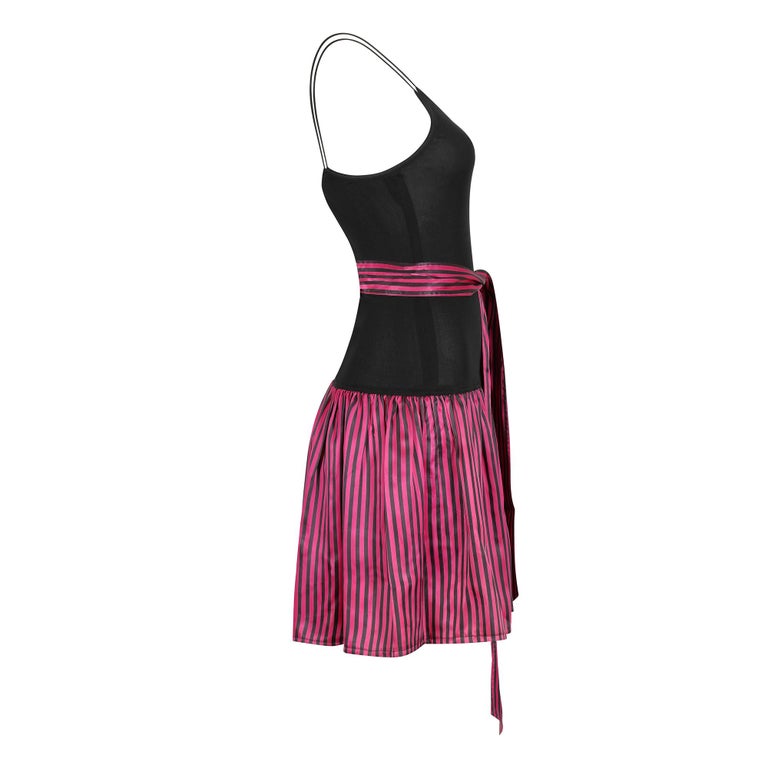 1980s Roland Klein Black Jersey and Striped Satin Dress For Sale at 1stDibs