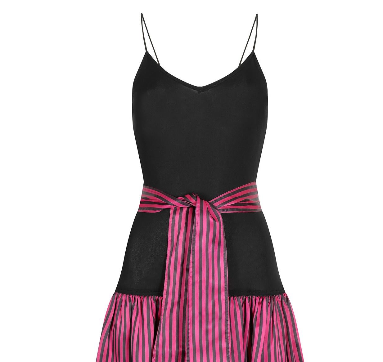1980s Roland Klein Black Jersey and Striped Satin Dress 1