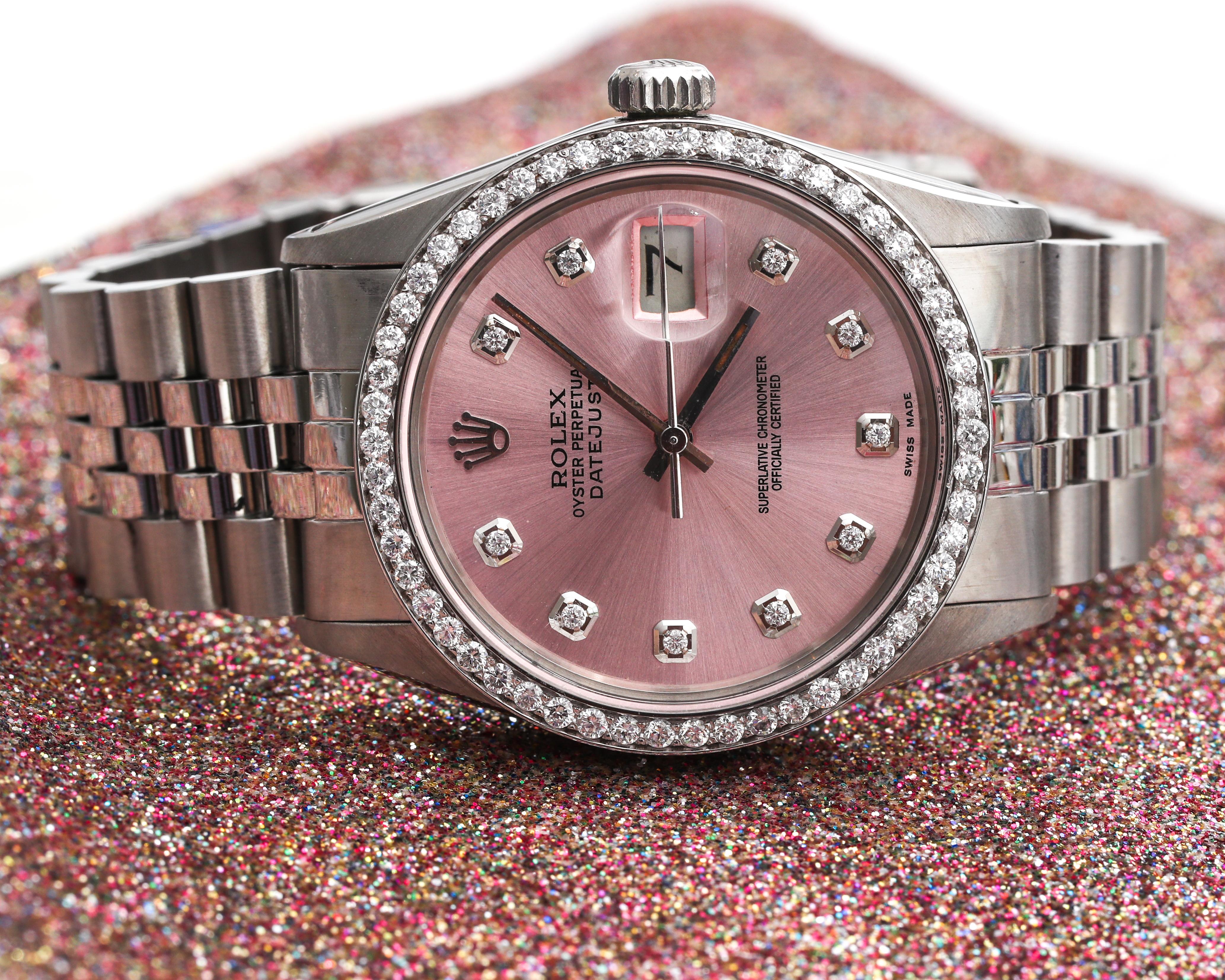 Retro 1980s Rolex Datejust with 2.5 Carat Custom Diamond Bezel and Dial