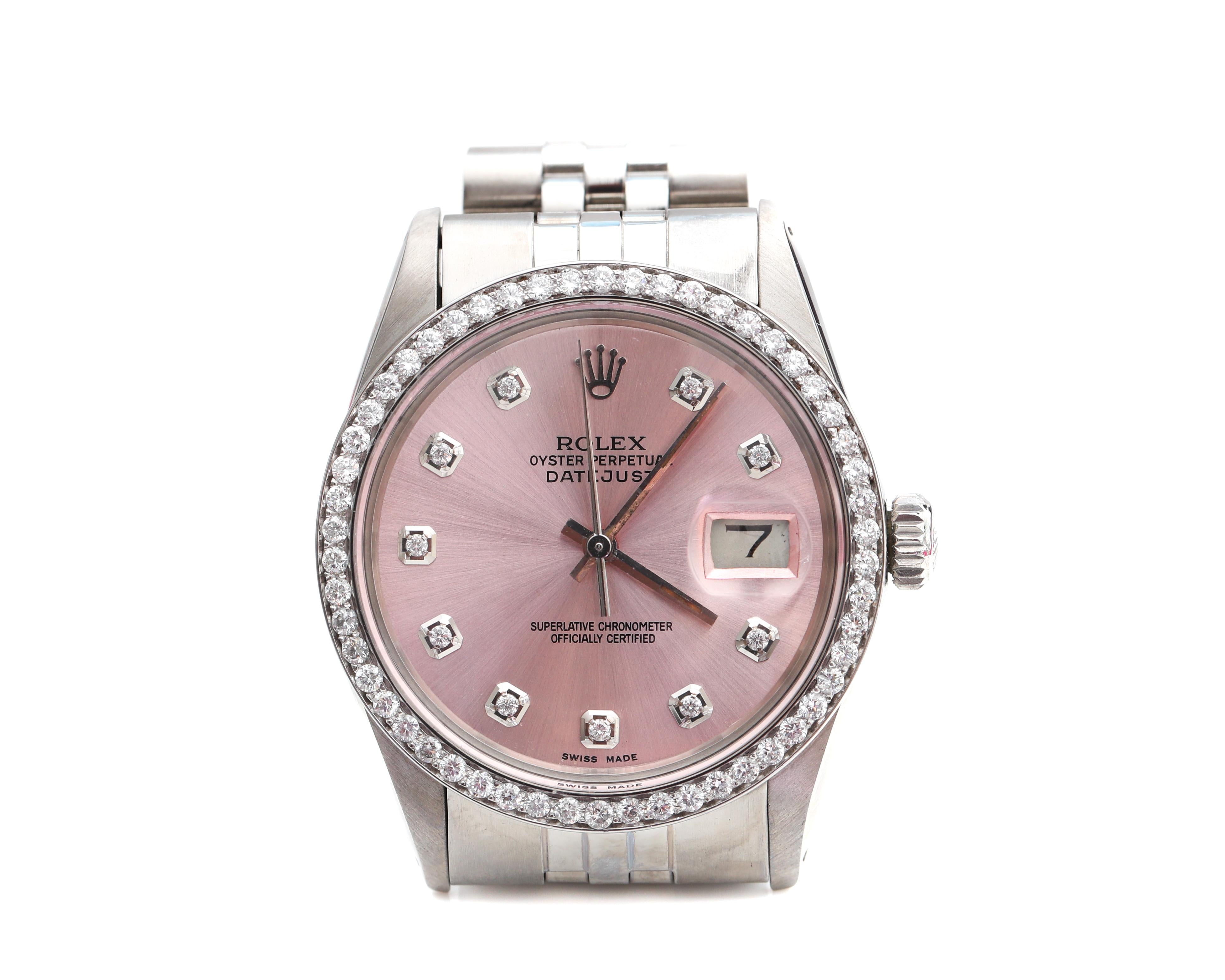 Round Cut 1980s Rolex Datejust with 2.5 Carat Custom Diamond Bezel and Dial