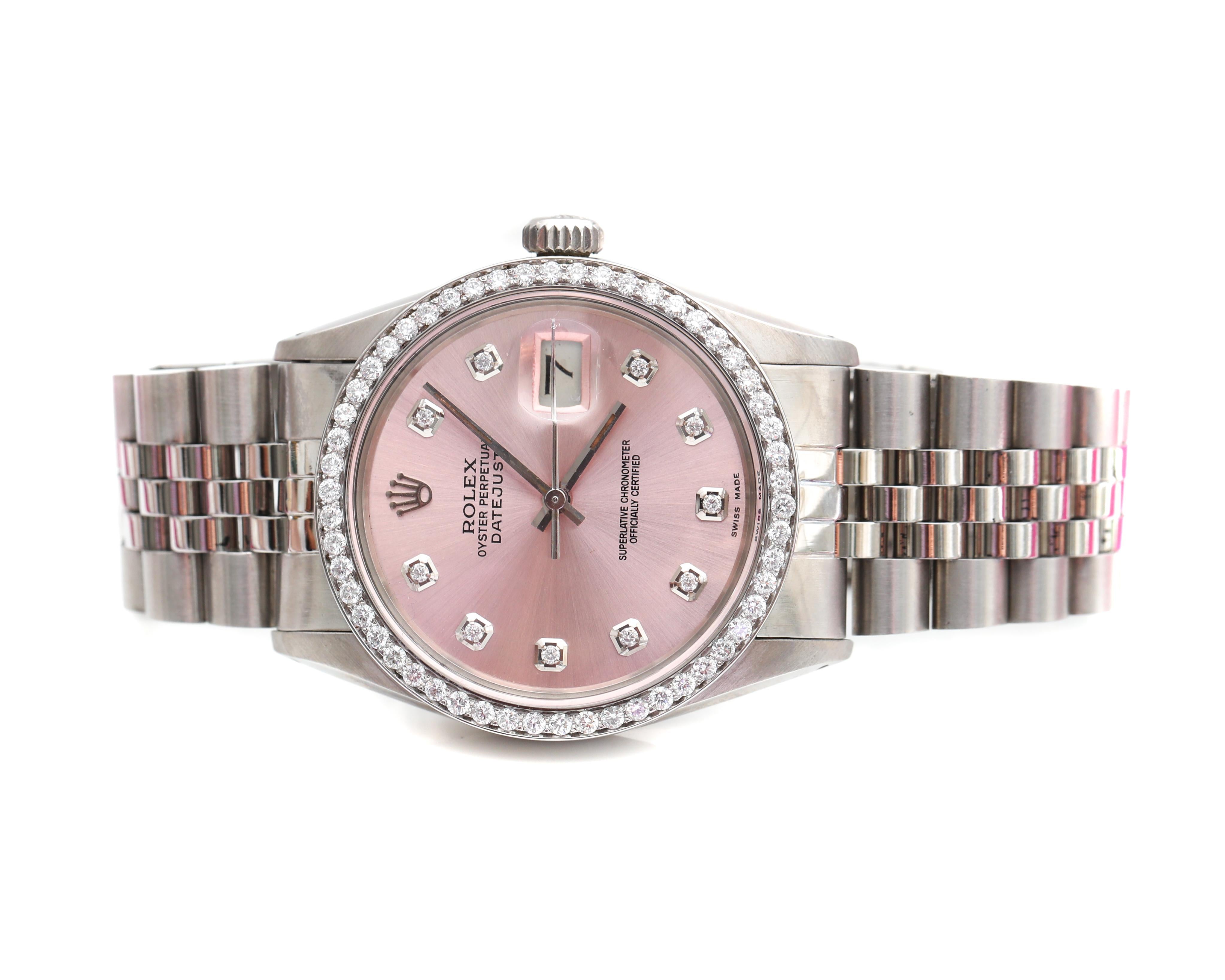 1980s Rolex Datejust with 2.5 Carat Custom Diamond Bezel and Dial In Excellent Condition In Hicksville, NY