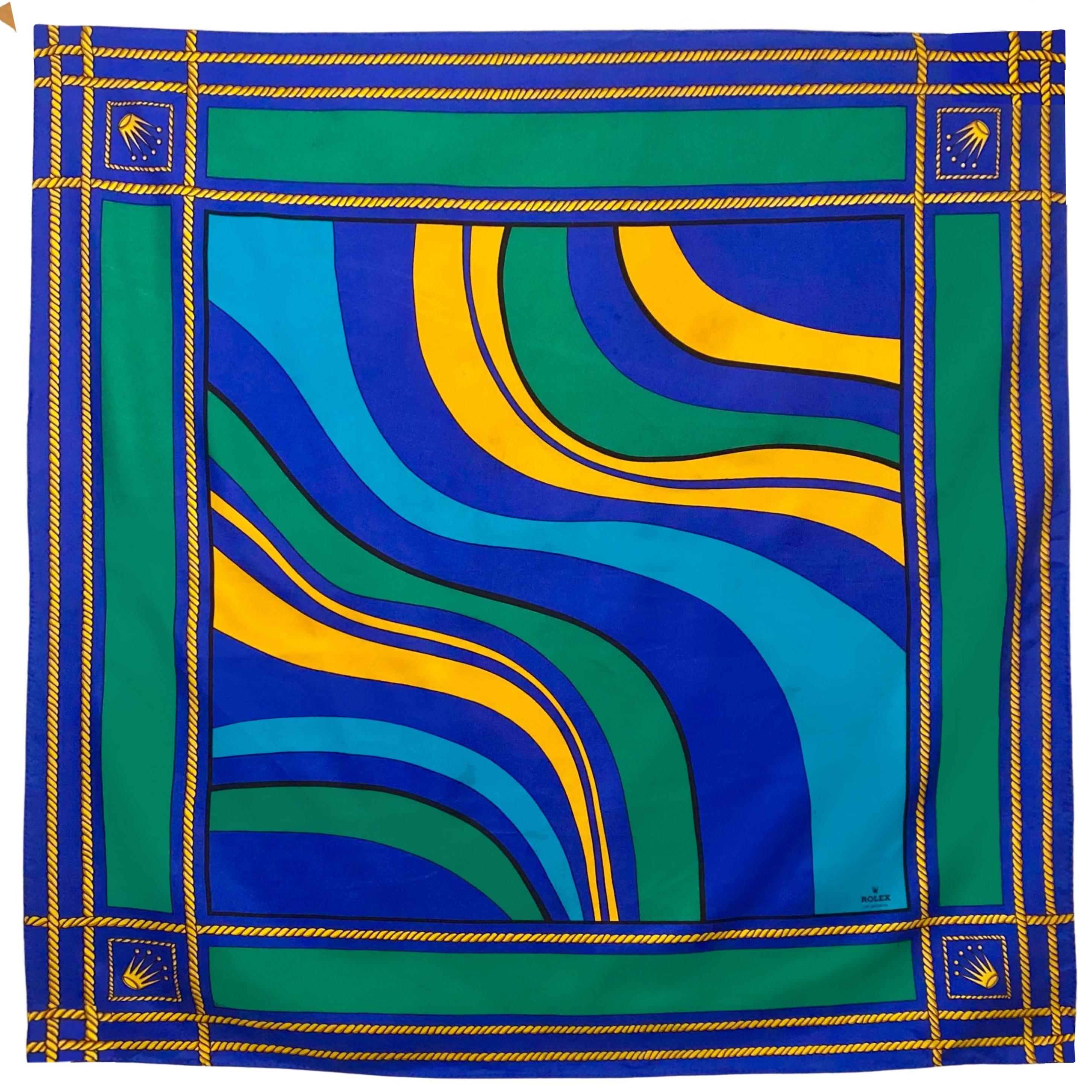 Foulard vintage en soie Rolex des années 1980 Foulard en twill de soie Motifs nautiques et couronne Bon état - En vente à London, GB