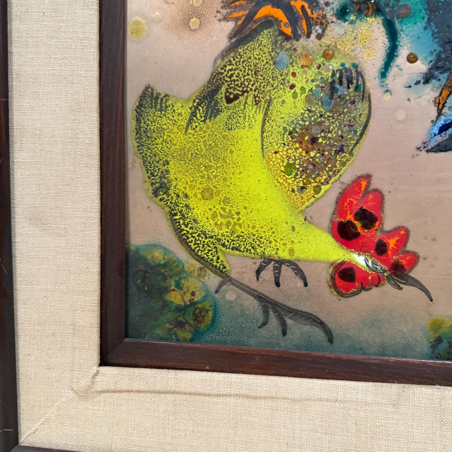 1980s Whimsical Rooster Painting Copper Enamel Art For Sale 4