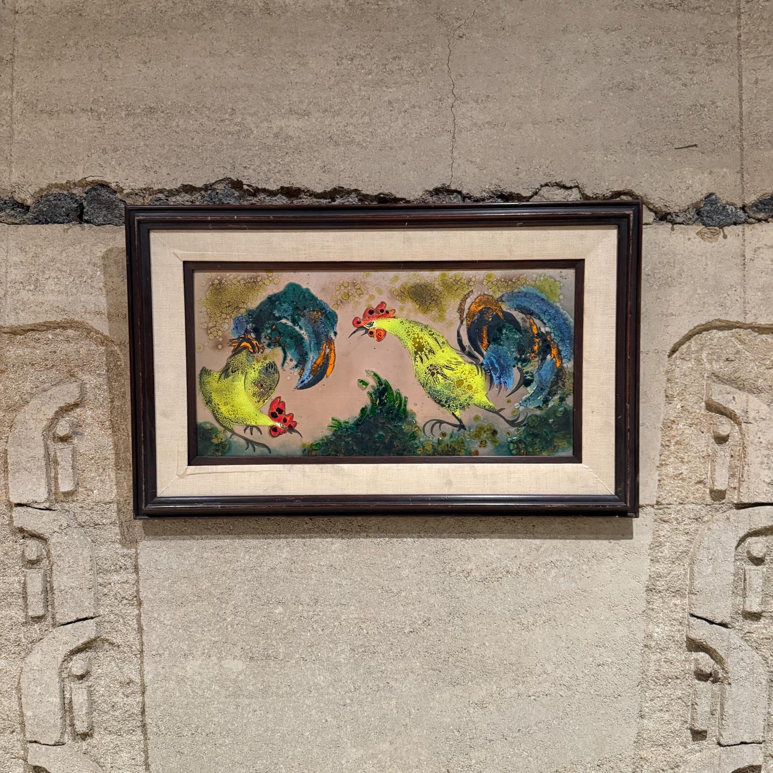 Abstract Copper Enamel Wall Art Crowing Roosters
blue green
19.5 H x 31.25 W x 1.25 D, Art 24 x 12
wood frame
unsigned
Original Vintage Unrestored Condition.
Refer to images listed.