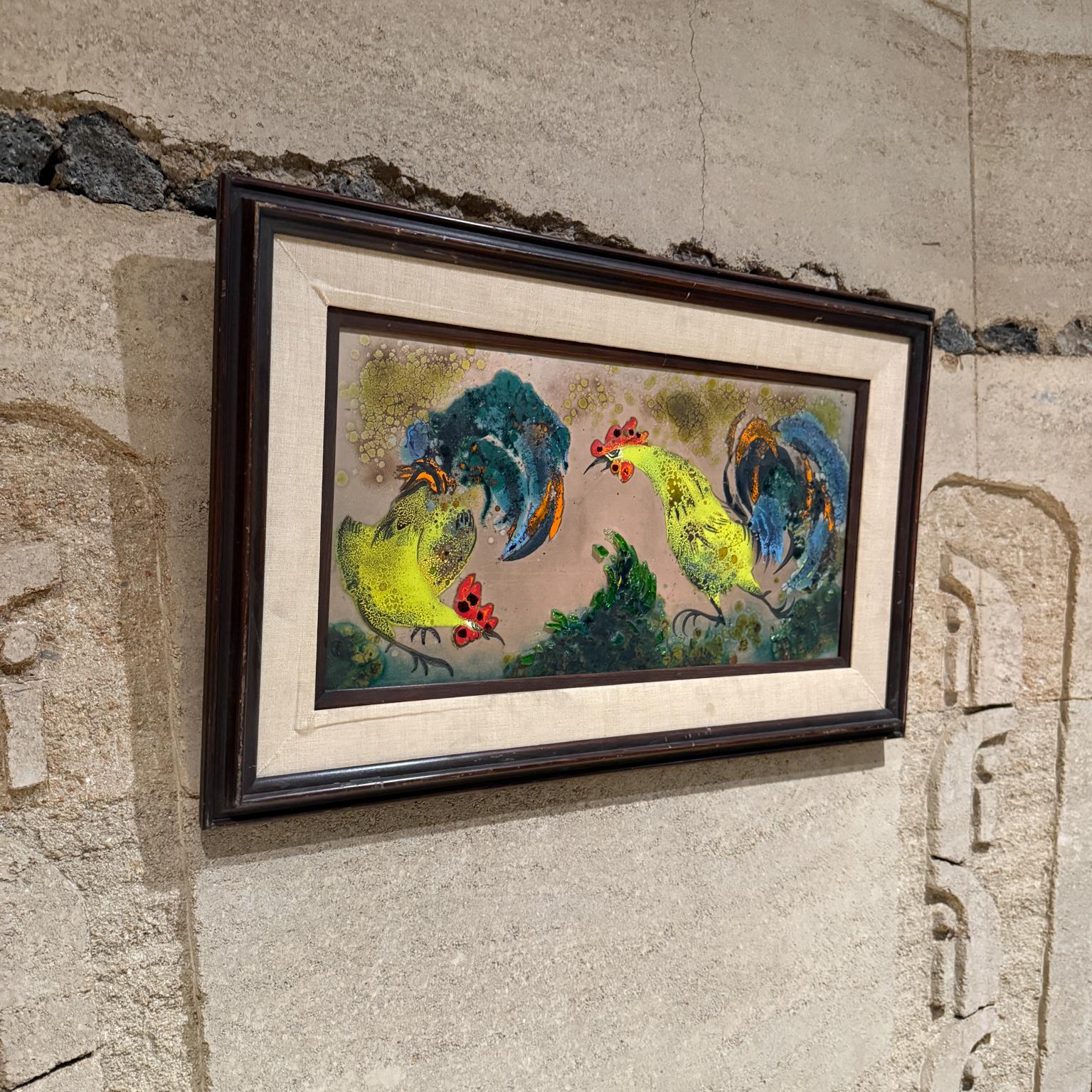 North American 1980s Whimsical Rooster Painting Copper Enamel Art For Sale