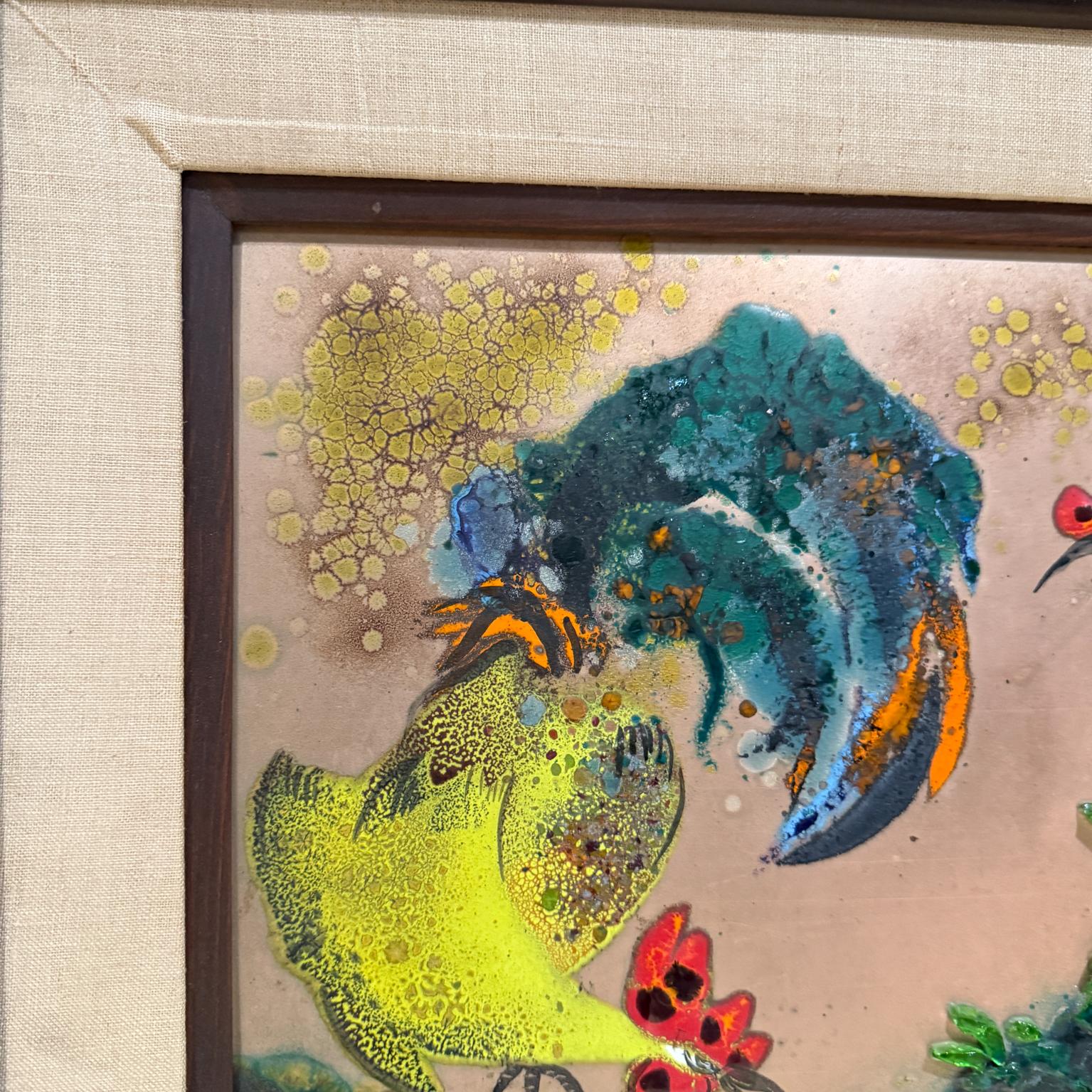 Late 20th Century 1980s Whimsical Rooster Painting Copper Enamel Art For Sale