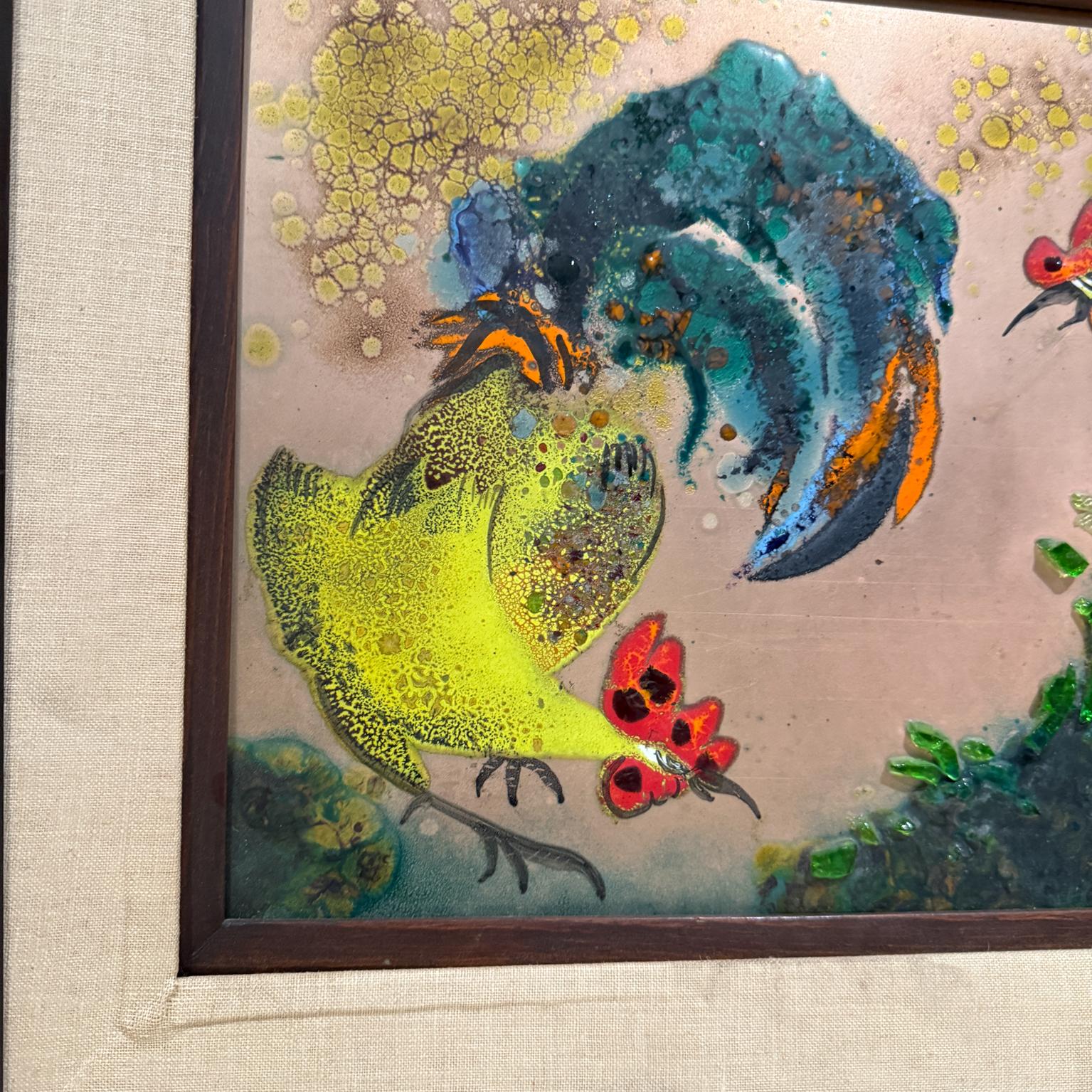 1980s Whimsical Rooster Painting Copper Enamel Art For Sale 1