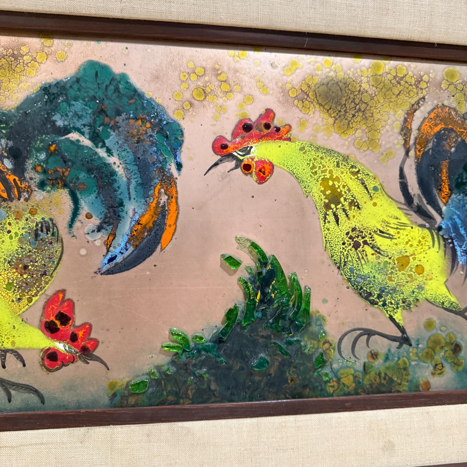 1980s Whimsical Rooster Painting Copper Enamel Art For Sale 2