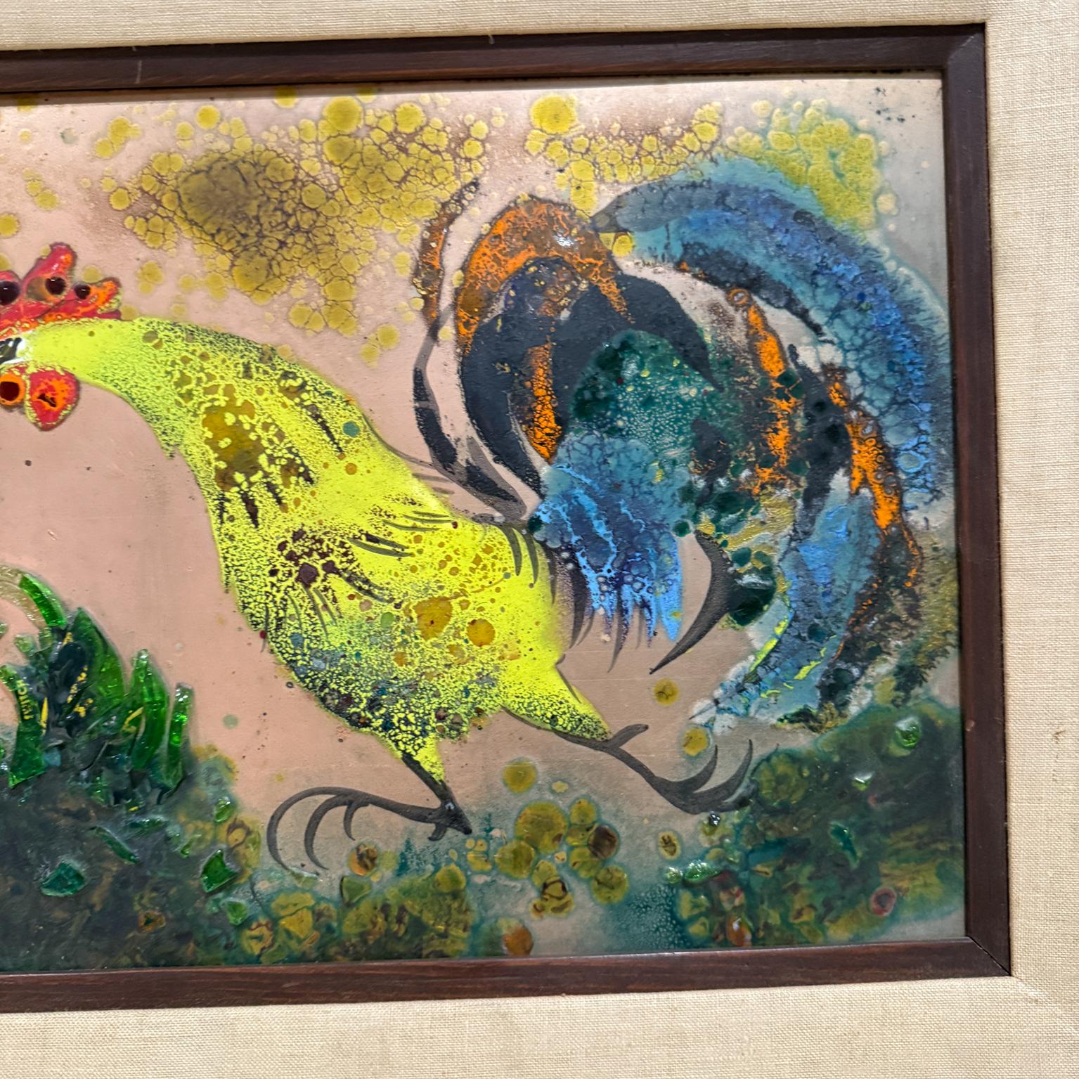 1980s Whimsical Rooster Painting Copper Enamel Art For Sale 3