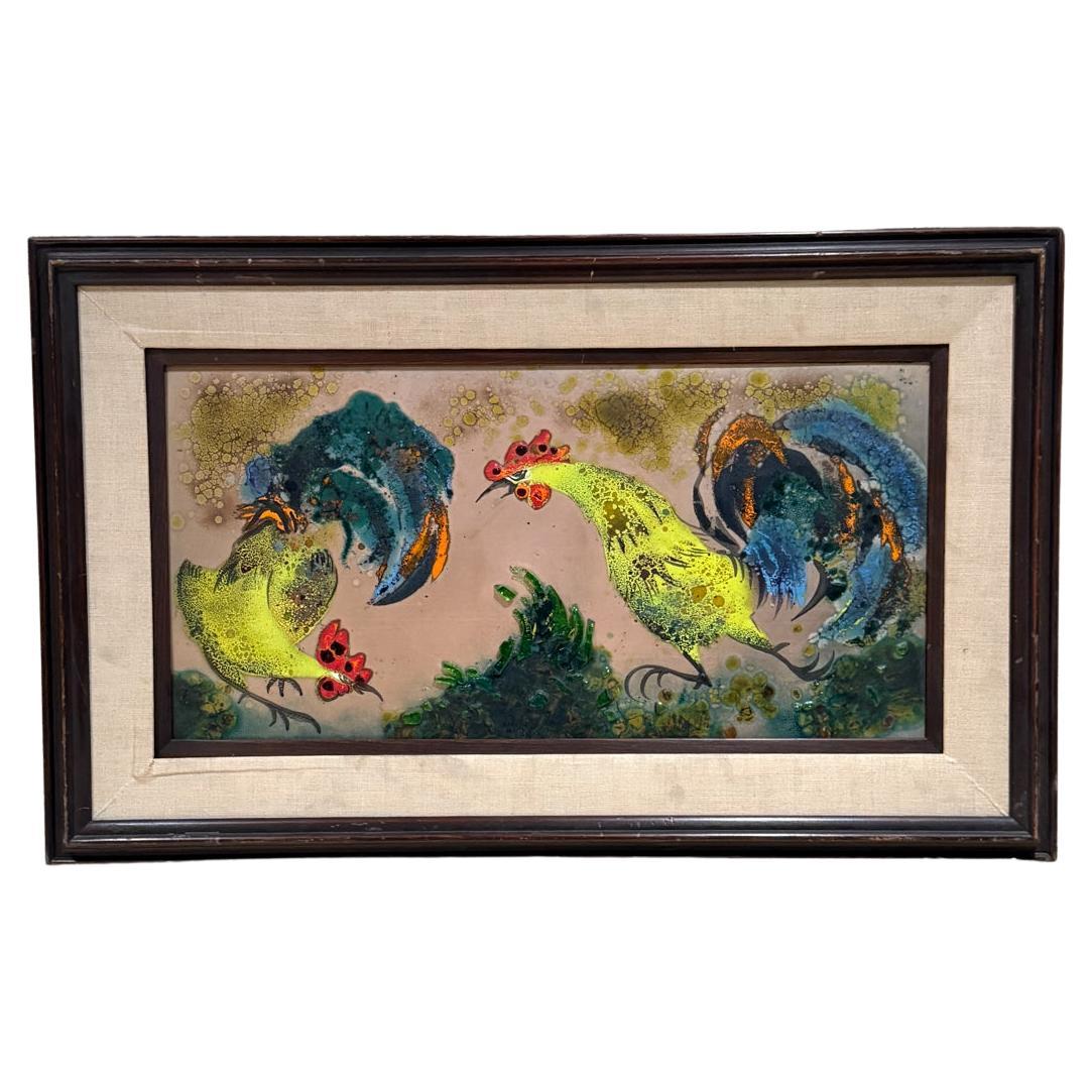 1980s Whimsical Rooster Painting Copper Enamel Art