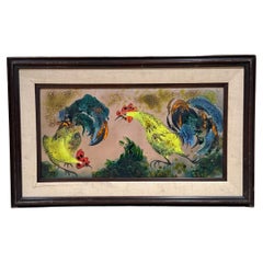 1980s Whimsical Rooster Painting Copper Enamel Art