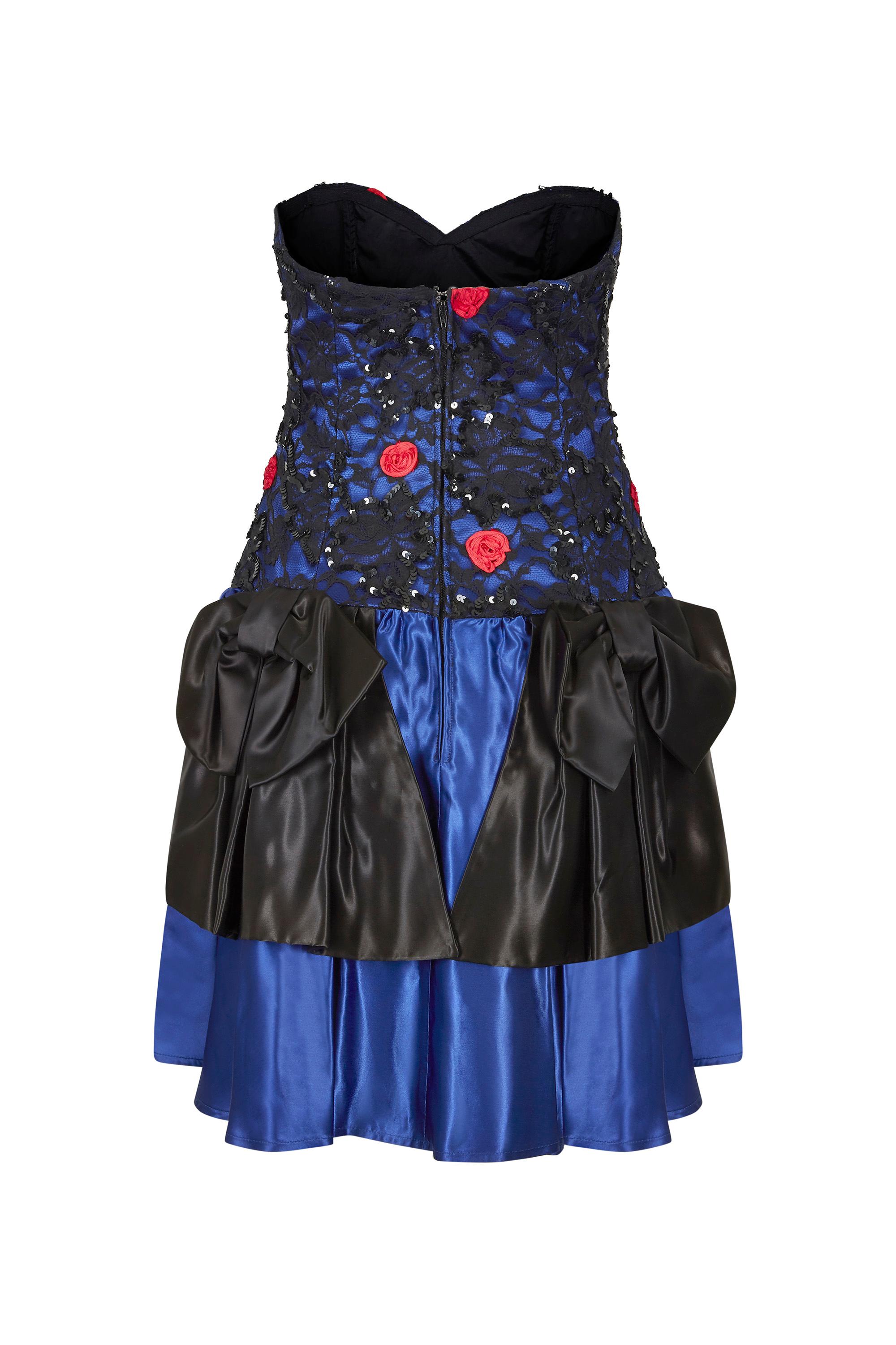 Black 1980s Roots Blue Lace Cocktail Dress With Bow Detail For Sale