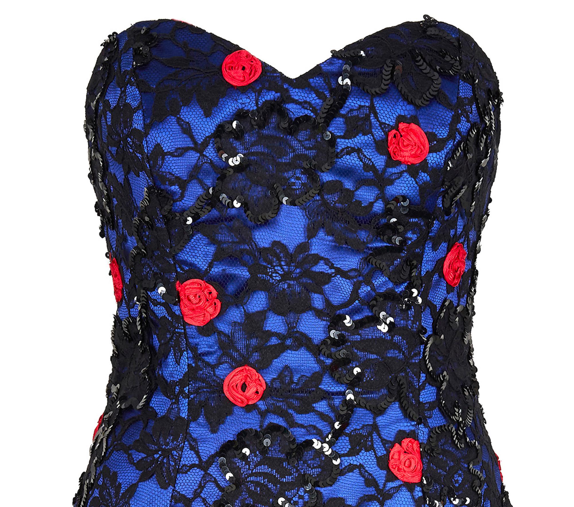 1980s Roots Blue Lace Cocktail Dress With Bow Detail In Excellent Condition For Sale In London, GB