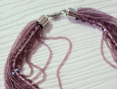 1980s Rough Cut Amethyst & Mauve Glass Seed Bead Multi-Strand Necklace