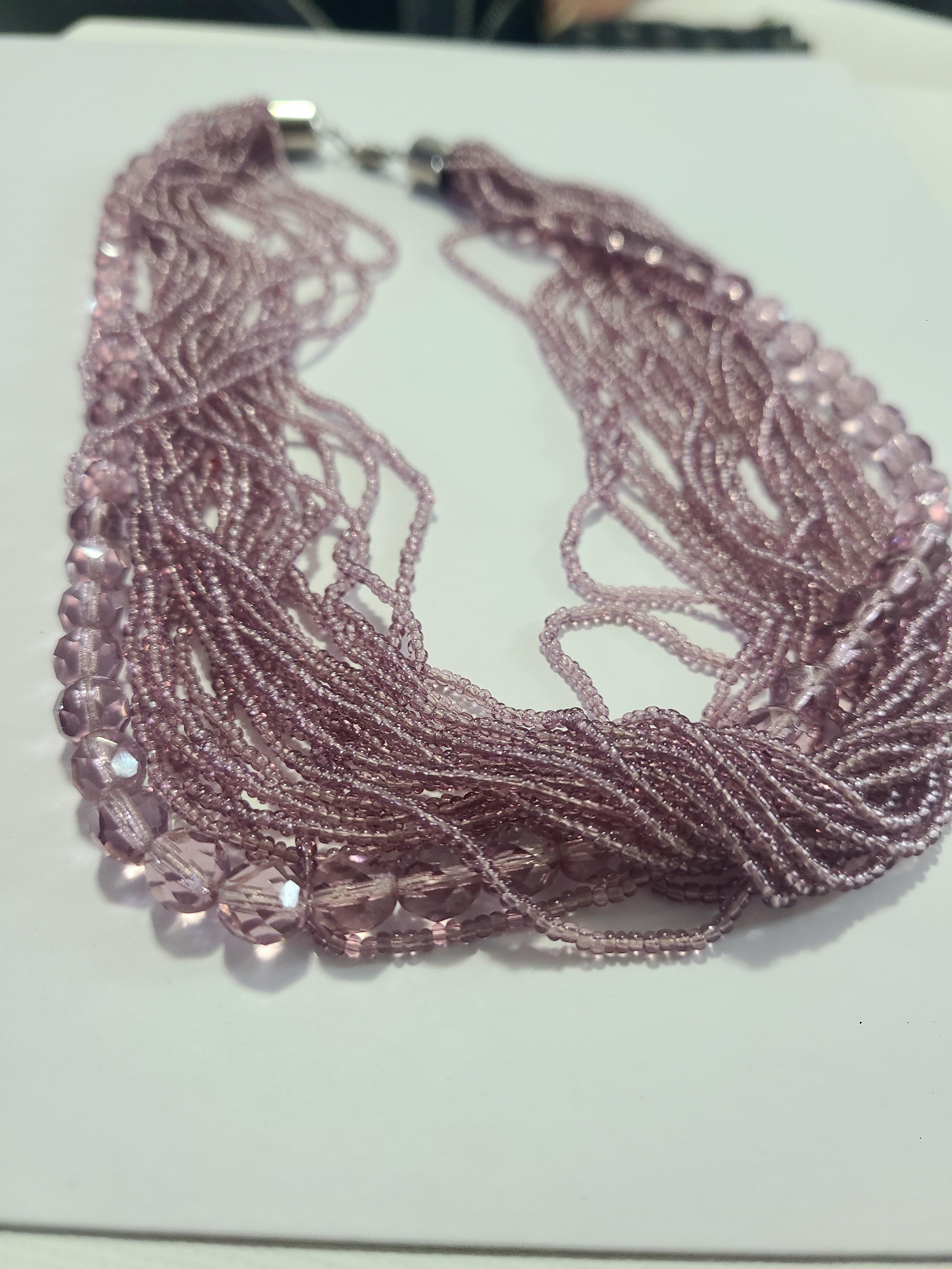 Art Deco 1980s Rough Cut Amethyst & Mauve Glass Seed Bead Multi-Strand Necklace For Sale