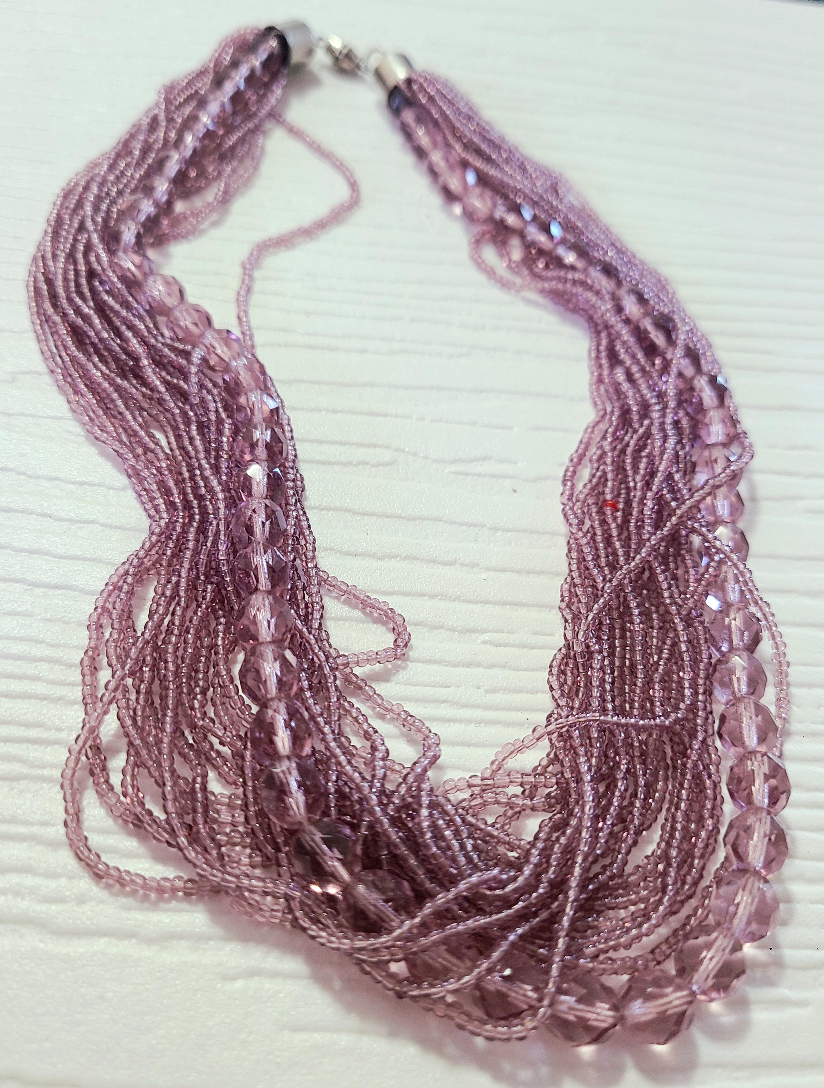 1980s Rough Cut Amethyst & Mauve Glass Seed Bead Multi-Strand Necklace In Excellent Condition For Sale In Maywood, NJ