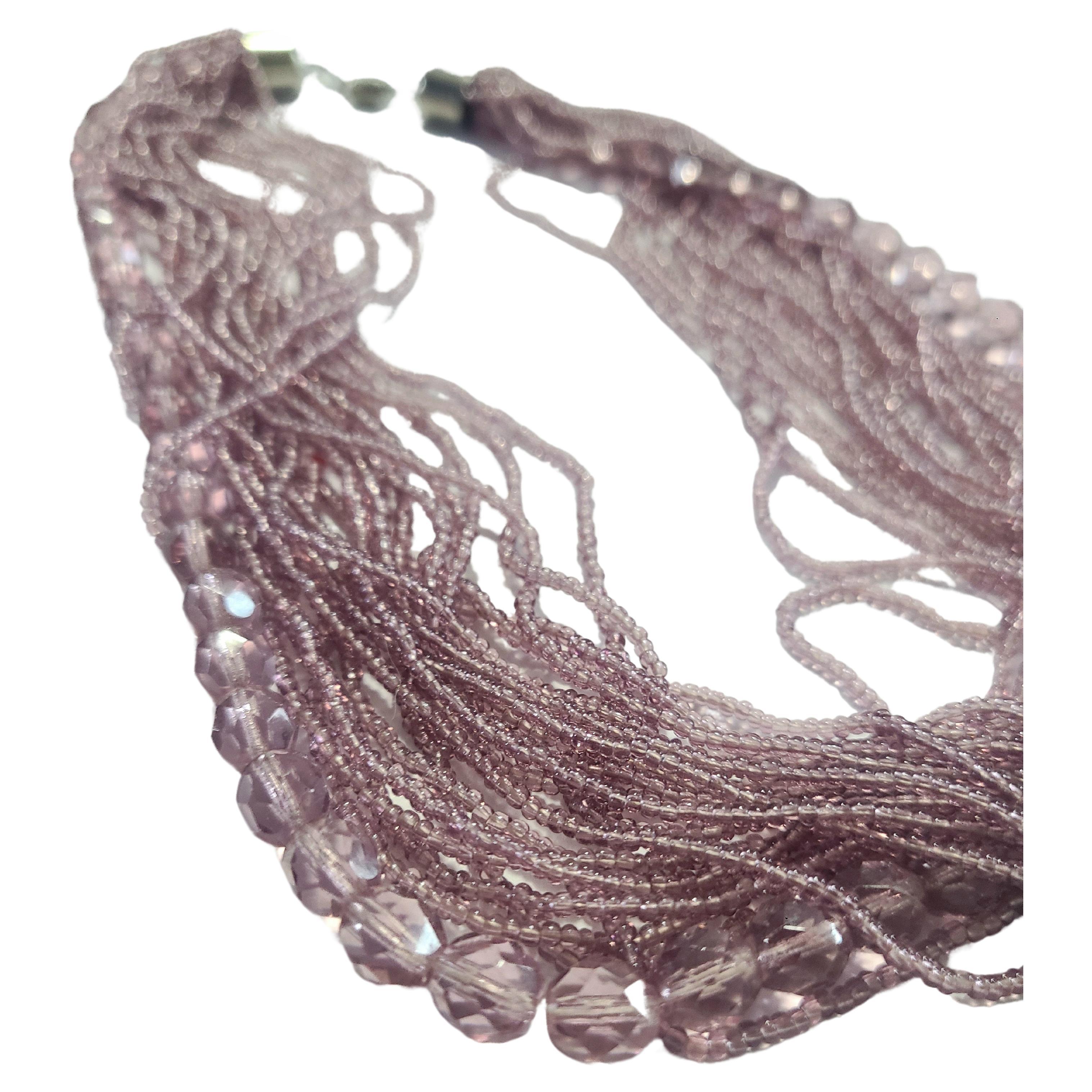 1980s Rough Cut Amethyst & Mauve Glass Seed Bead Multi-Strand Necklace