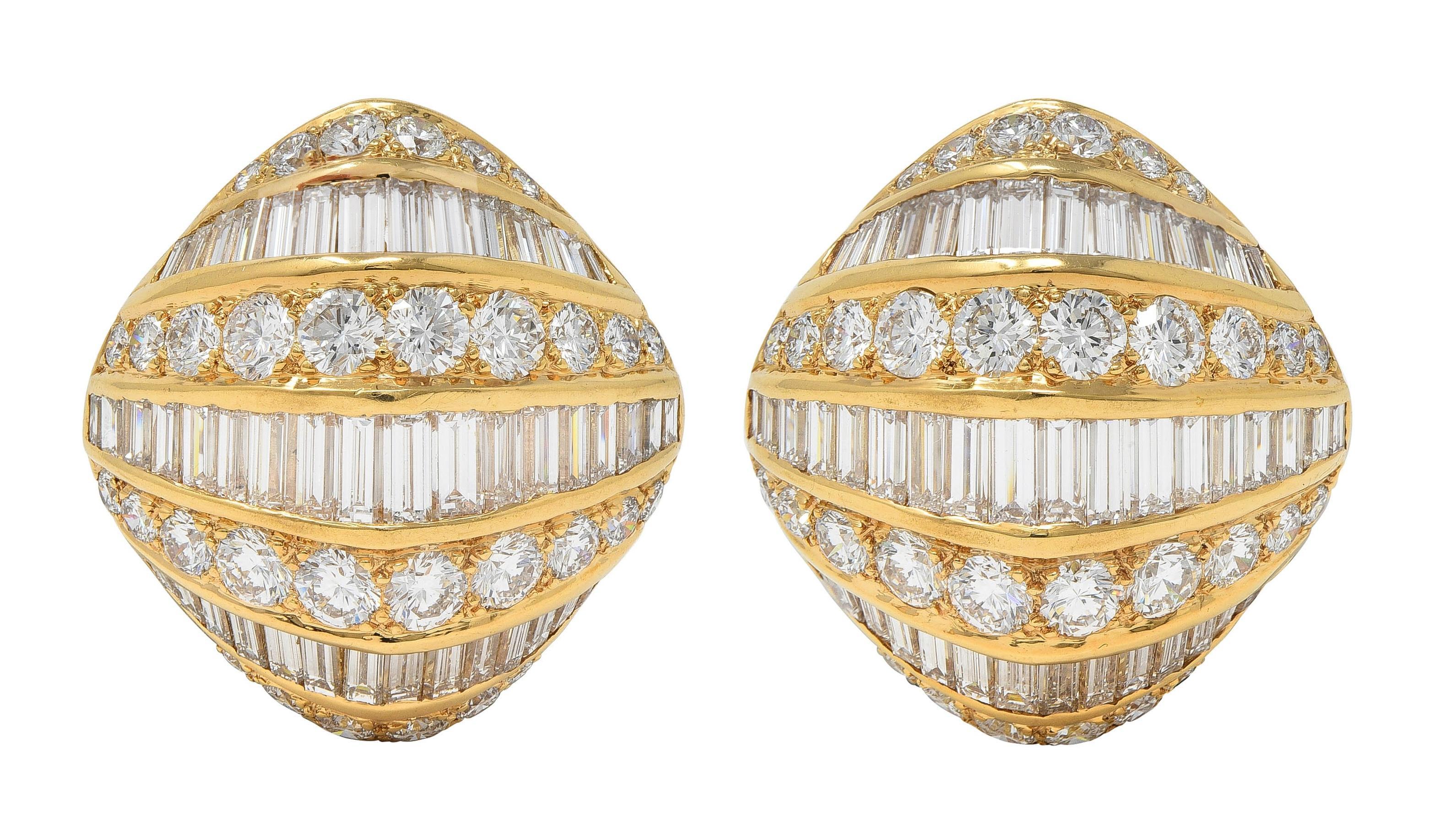 1980
s Round Baguette Diamond 18 Karat Yellow Gold Domed Vintage Earrings For Sale