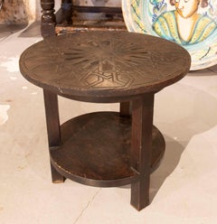 1980s Round Carved Wooden Table with Arabic Style Geometric Design