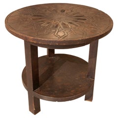 1980s Round Carved Wooden Table with Arabic Style Geometric Design