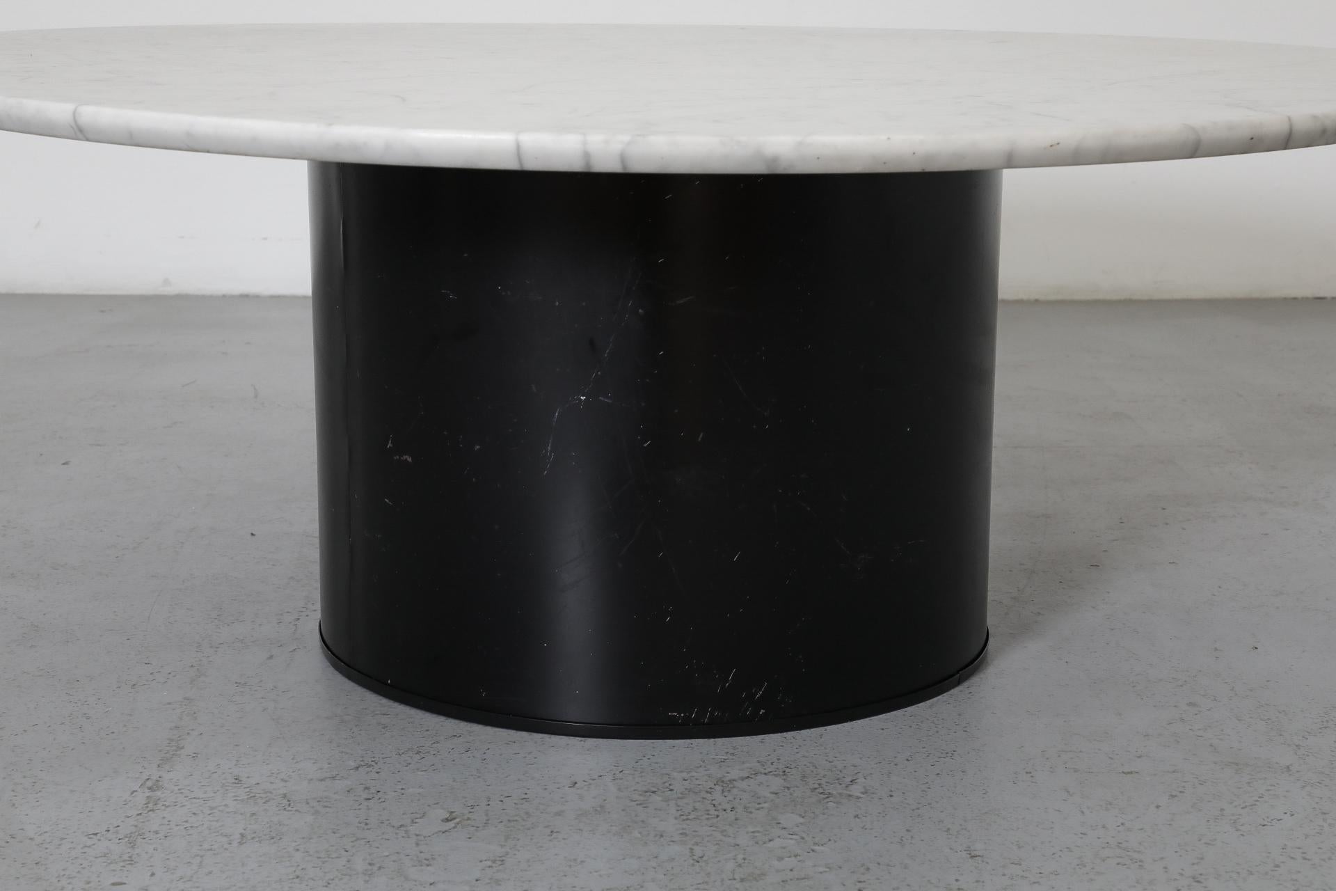 1980s Round Metaform Marble Top Coffee Table with Wide Black Enameled Drum Base For Sale 5