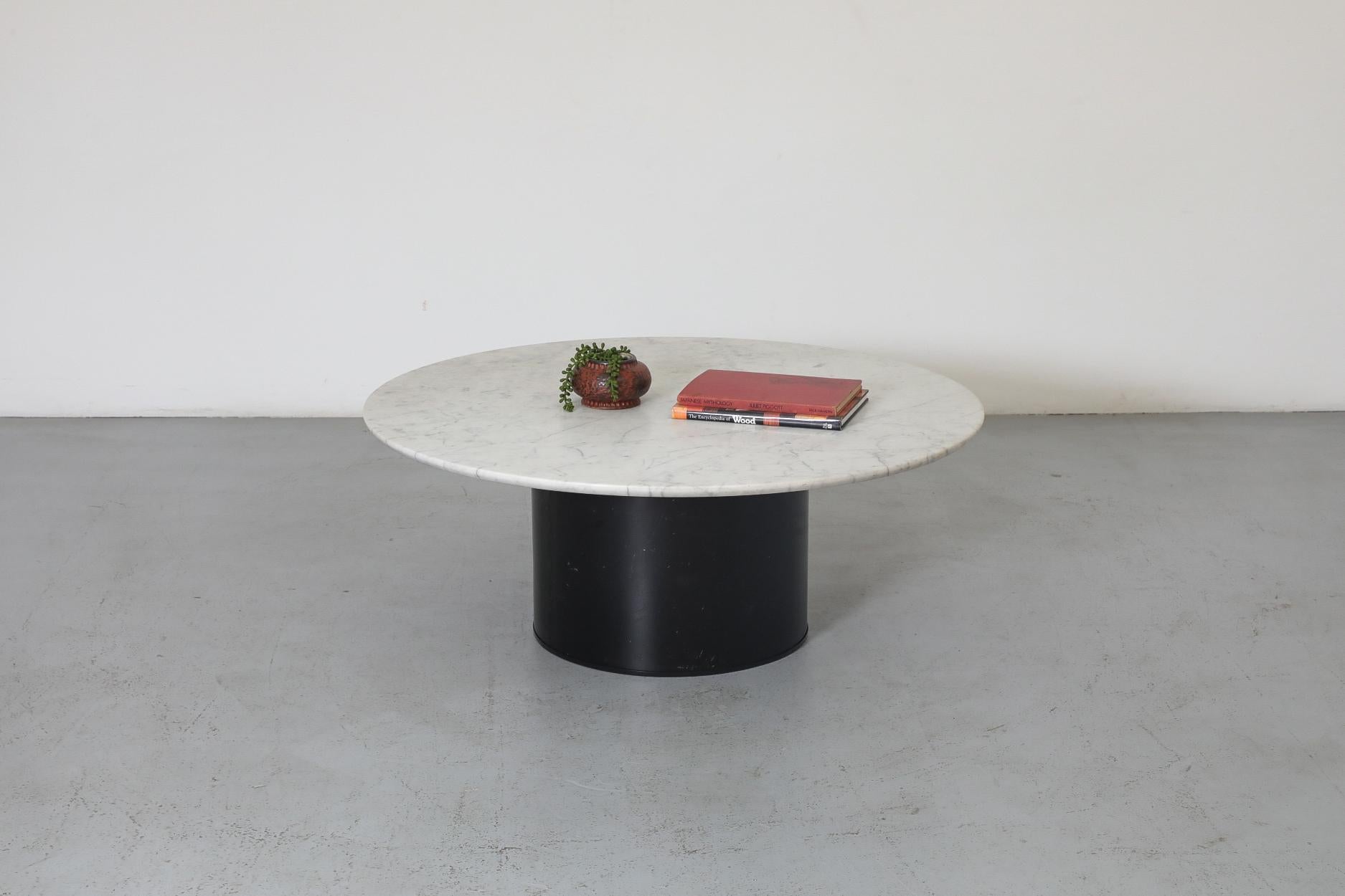 1980s Round Metaform Marble Top Coffee Table with Wide Black Enameled Drum Base For Sale 7