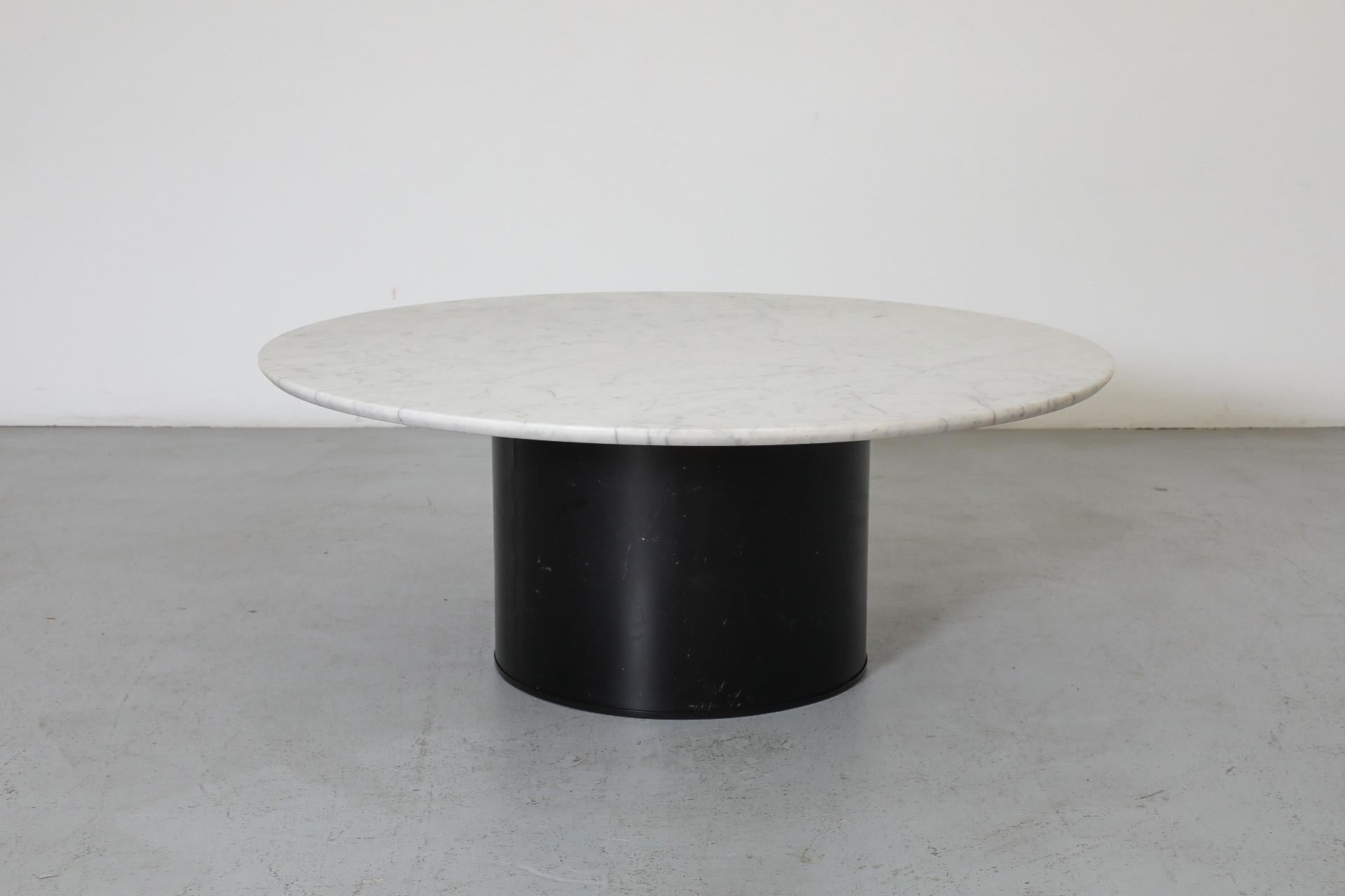 1980s Round Metaform Marble Top Coffee Table with Wide Black Enameled Drum Base For Sale 10