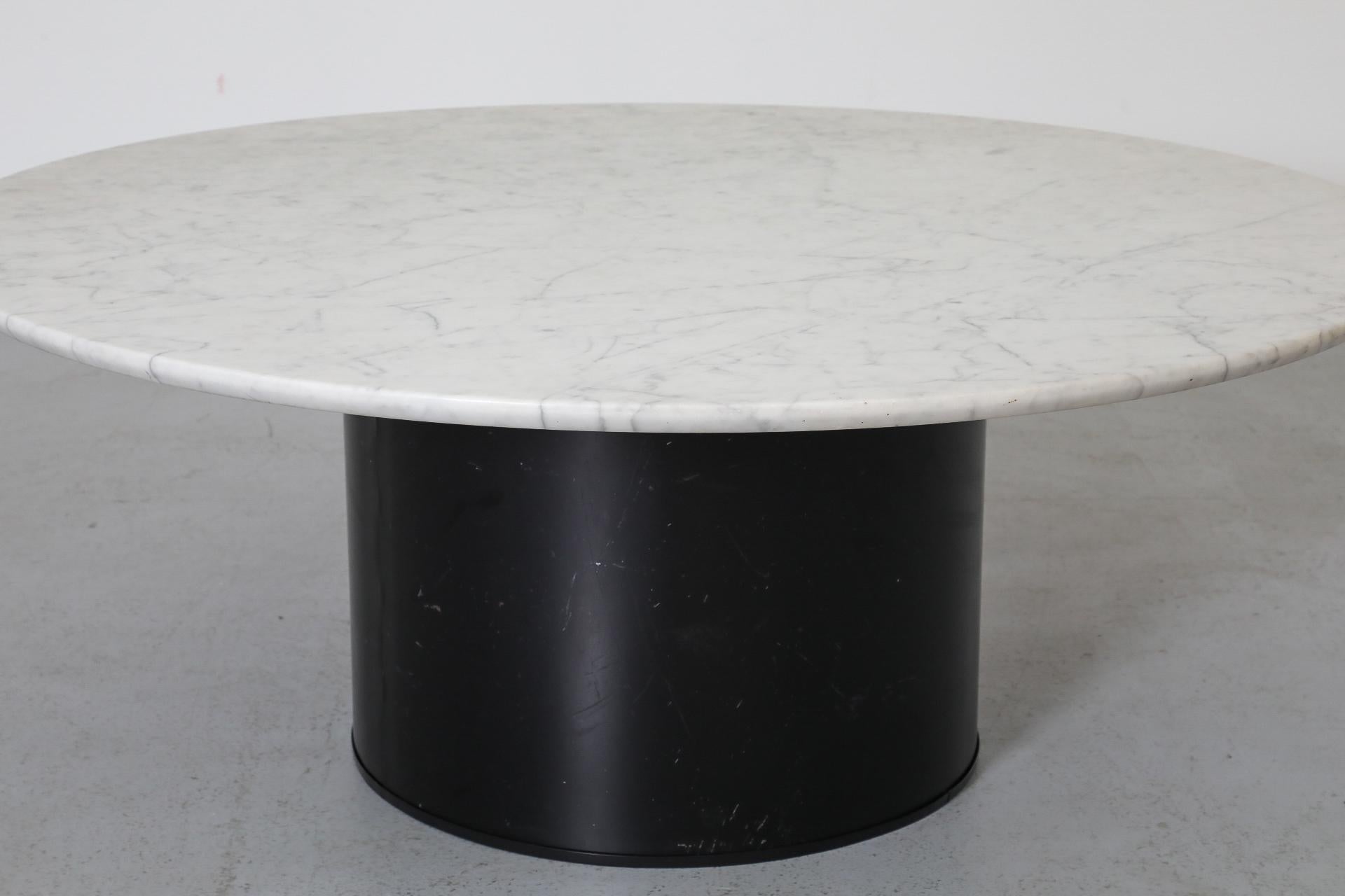 1980s Round Metaform Marble Top Coffee Table with Wide Black Enameled Drum Base For Sale 13